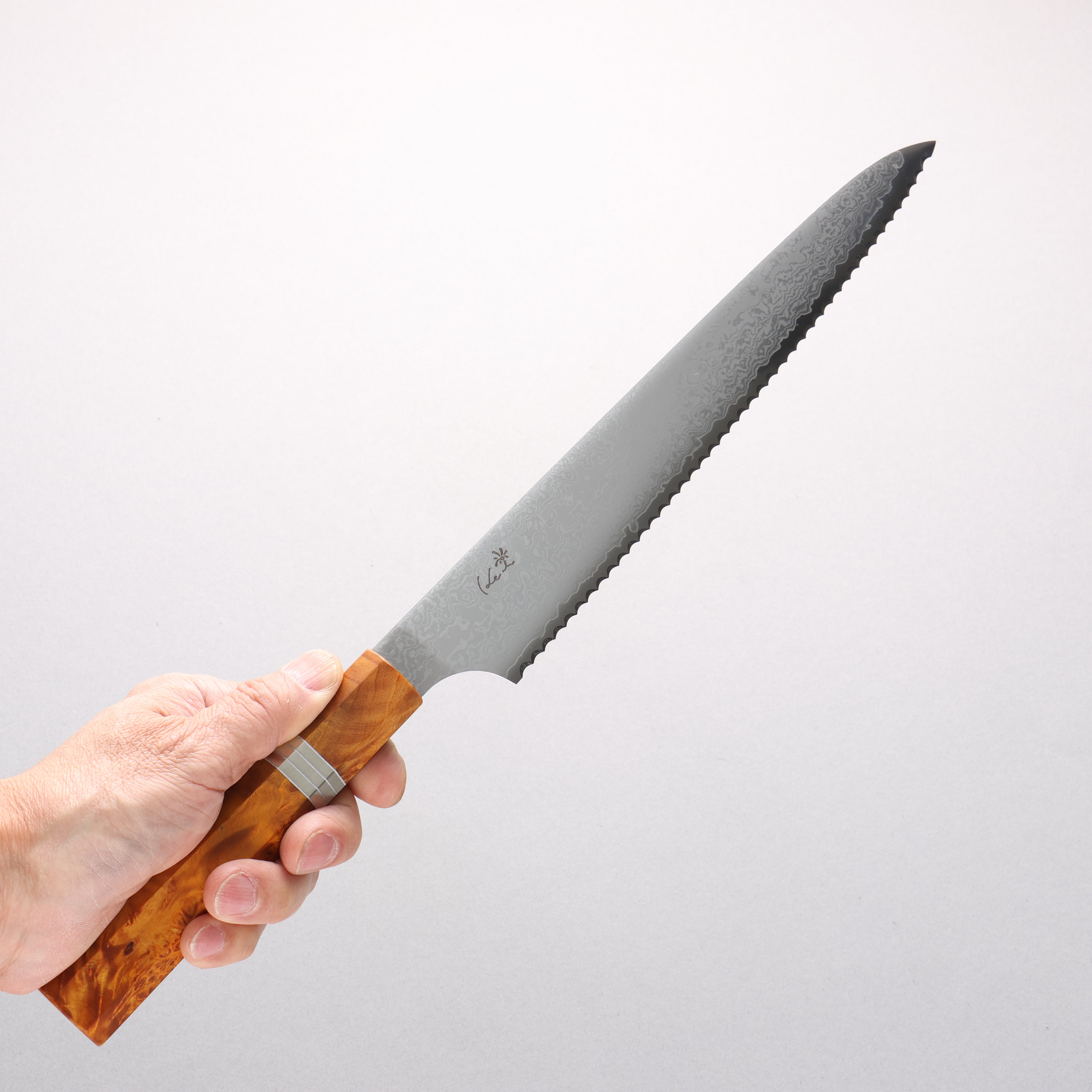 Kei VG10 Damascus Bread Slicer 240mm Brown Stabilized Wood & Silver Ring Handle - Seisuke Knife
