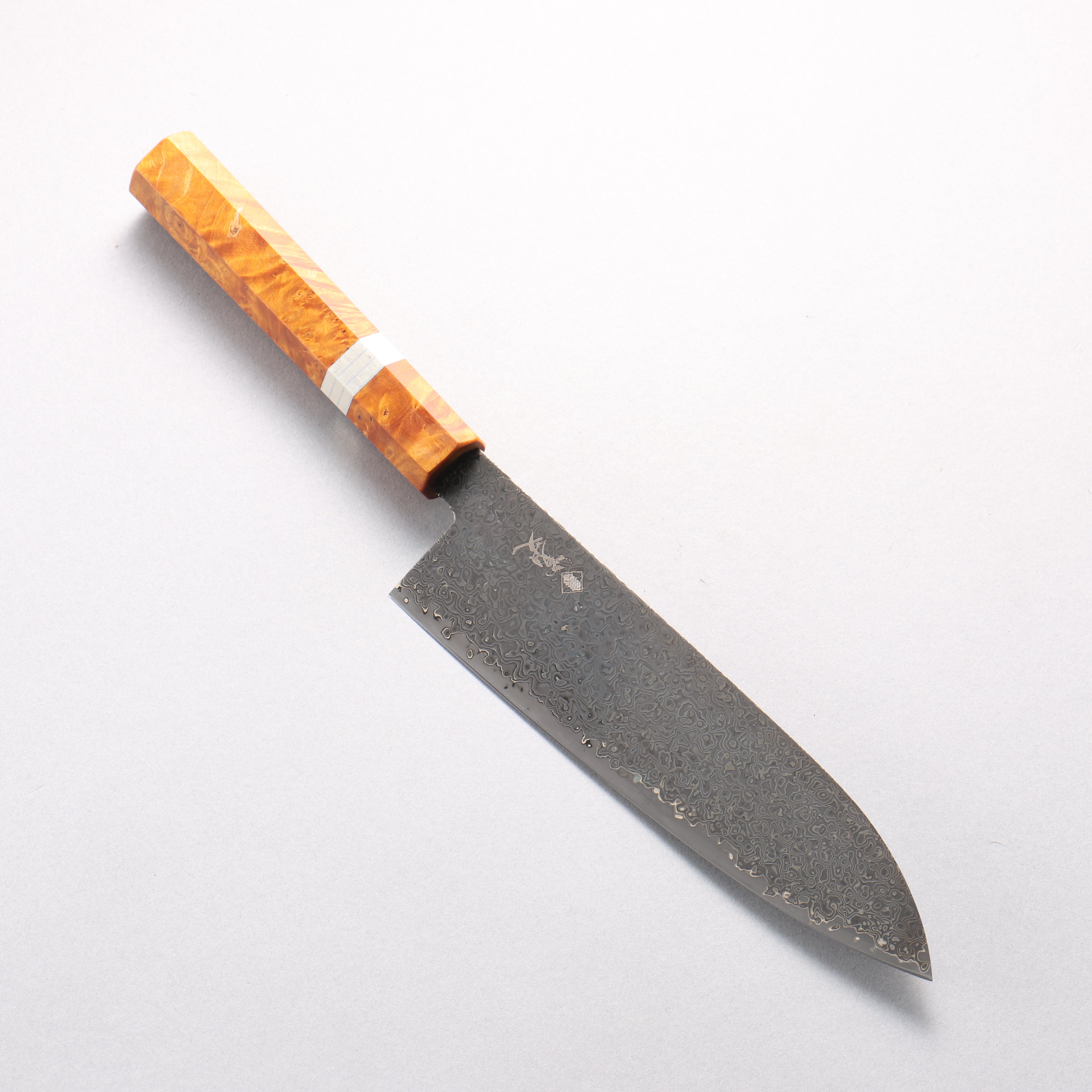 Kanjyo SG2 Black Damascus Santoku 180mm Brown Stabilized Wood & Silver Rings Handle - Seisuke Knife