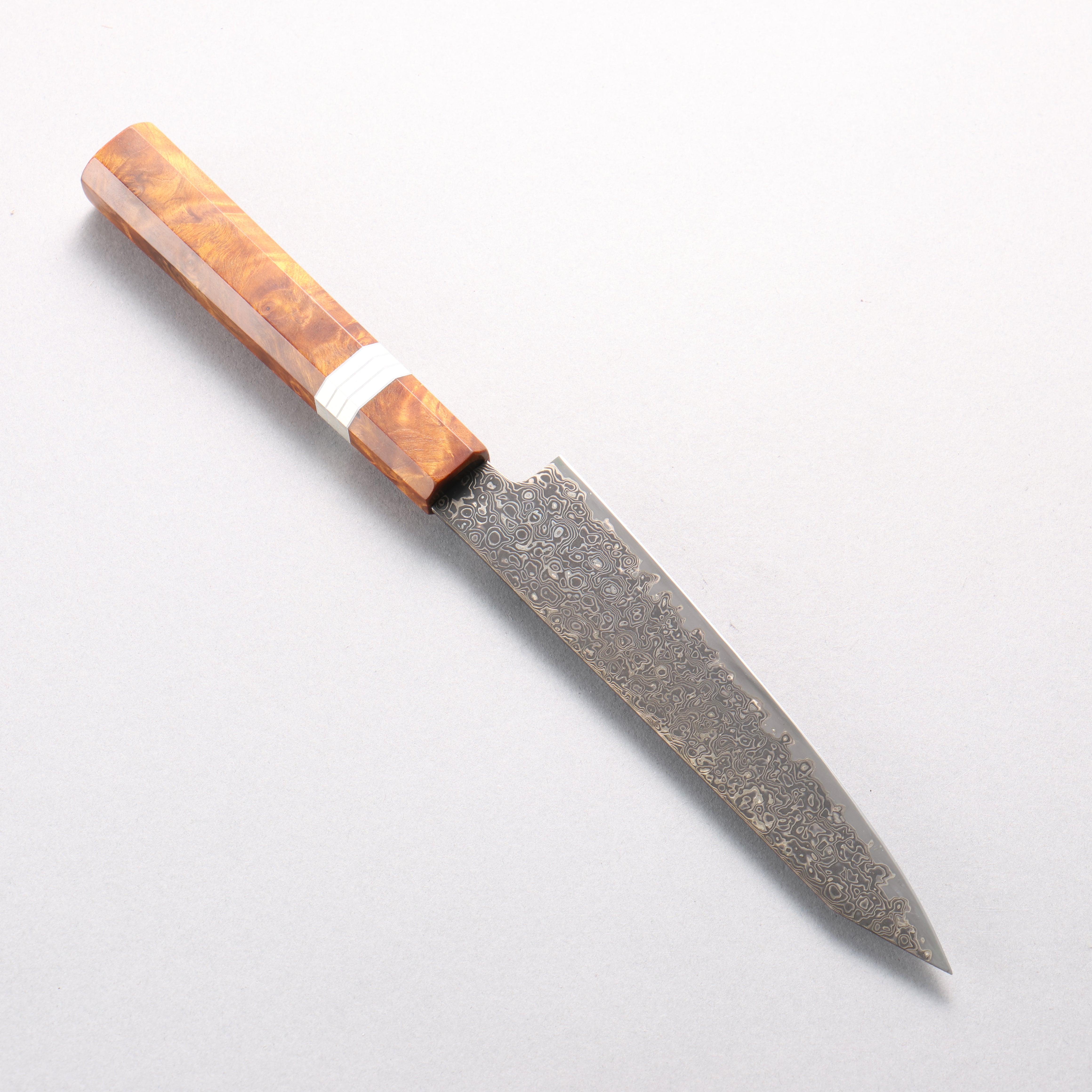 Kanjyo SG2 Black Damascus Kiritsuke Petty-Utility 150mm Brown Stabilized Wood & Silver Ring Handle - Seisuke Knife