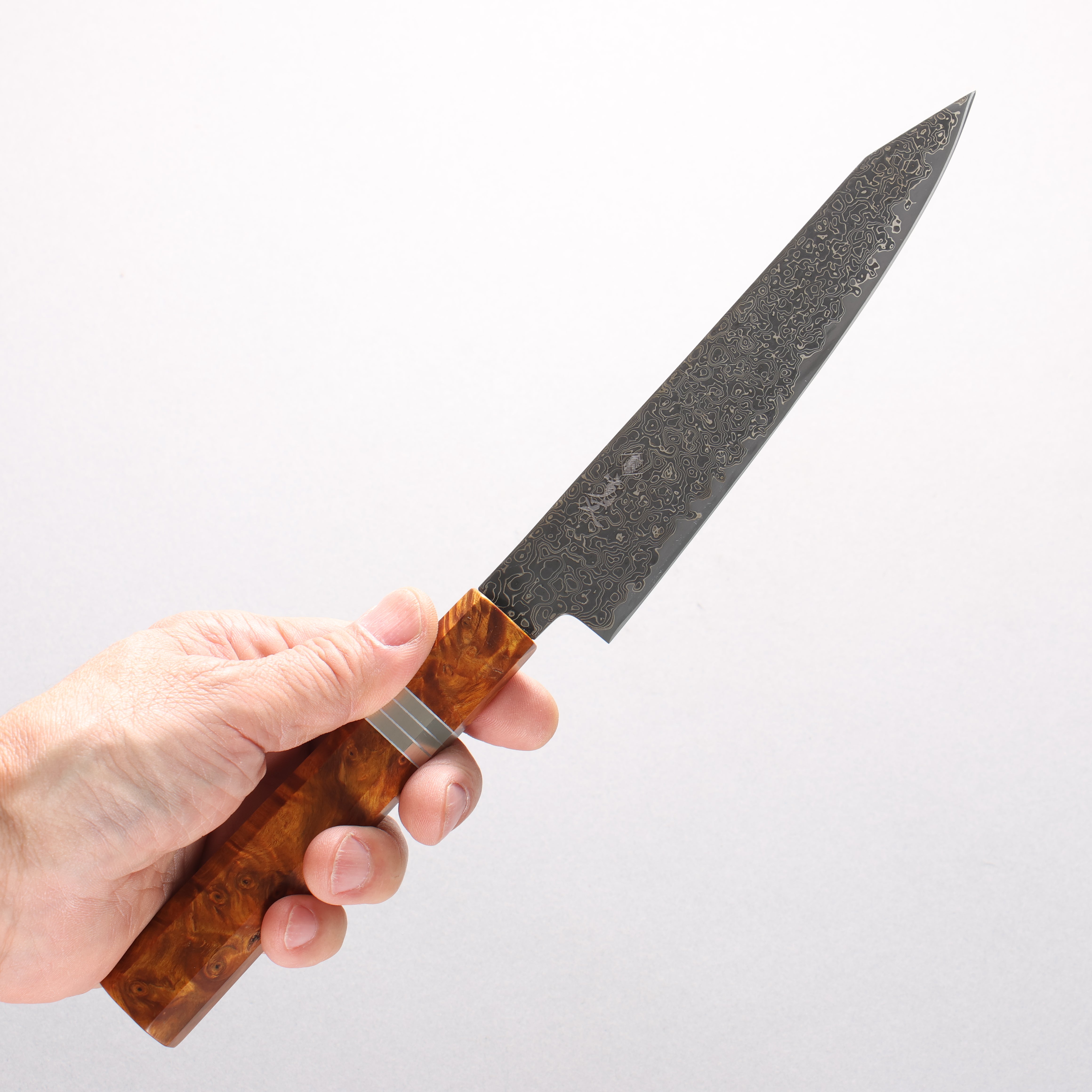 Kanjyo SG2 Black Damascus Kiritsuke Petty-Utility 150mm Brown Stabilized Wood & Silver Ring Handle - Seisuke Knife