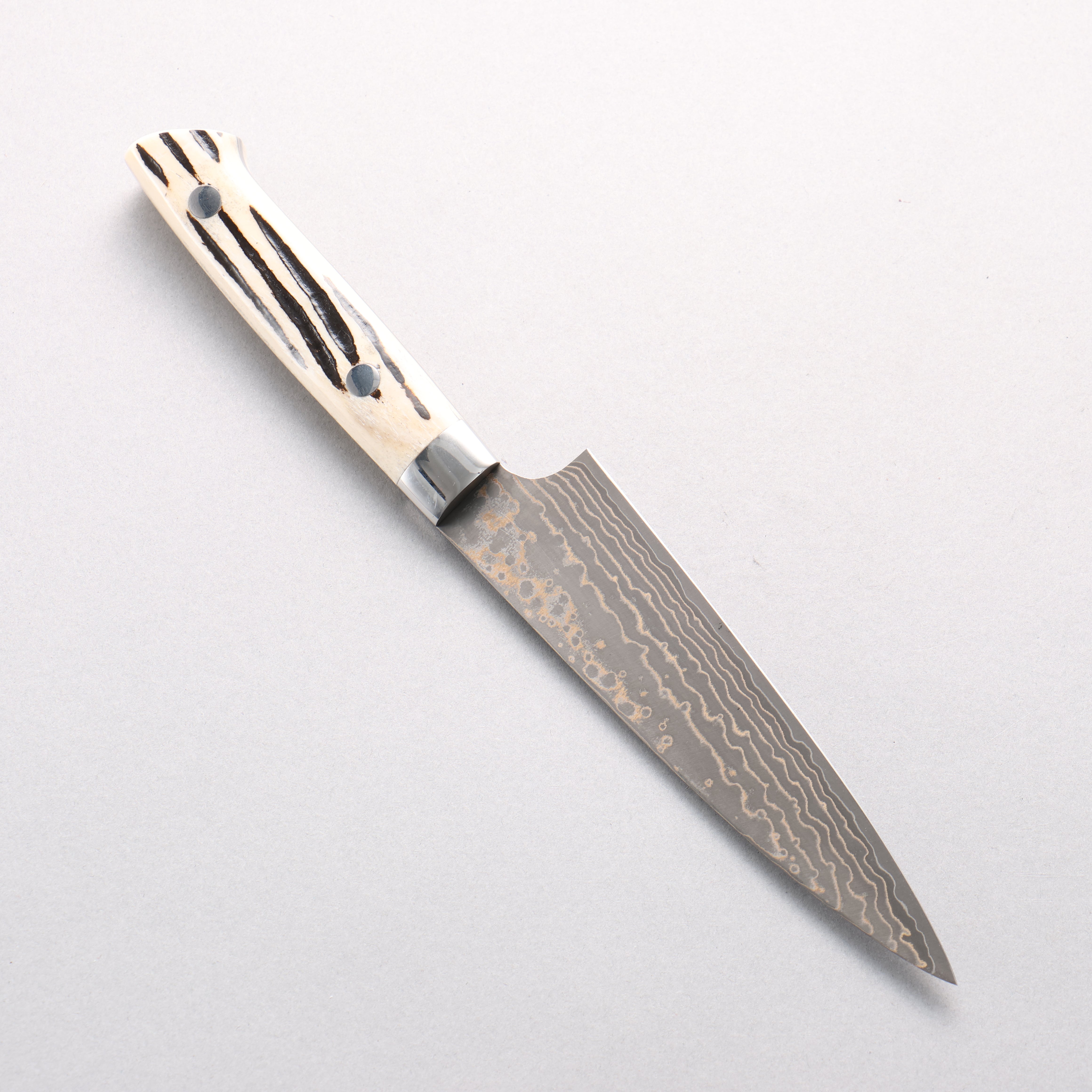 Takeshi Saji VG10w Damascus Gold Colored Petty-Utility 130mm White Deer Horn Handle - Seisuke Knife