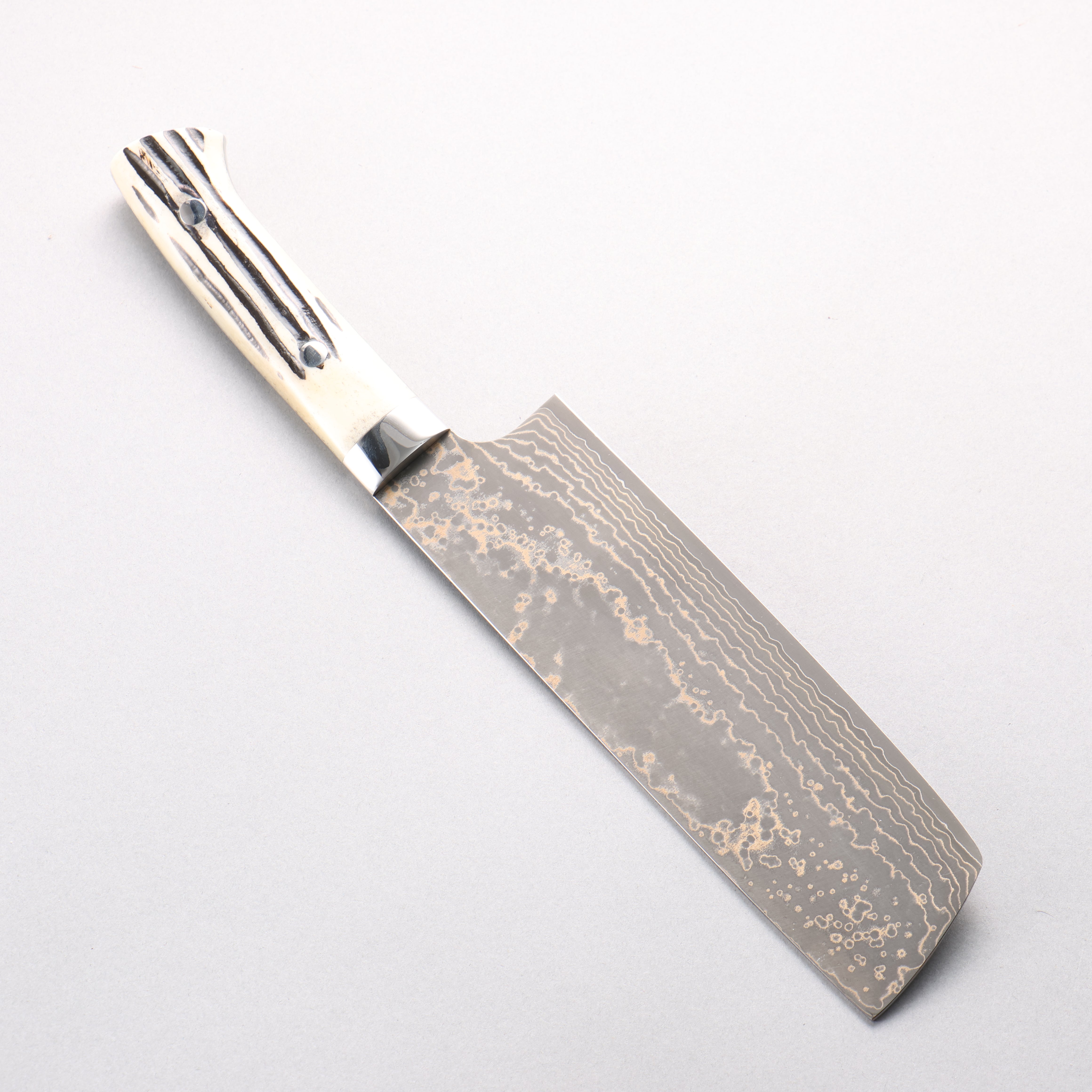 Takeshi Saji VG10w Damascus Gold Colored Nakiri 165mm White Deer Horn Handle - Seisuke Knife