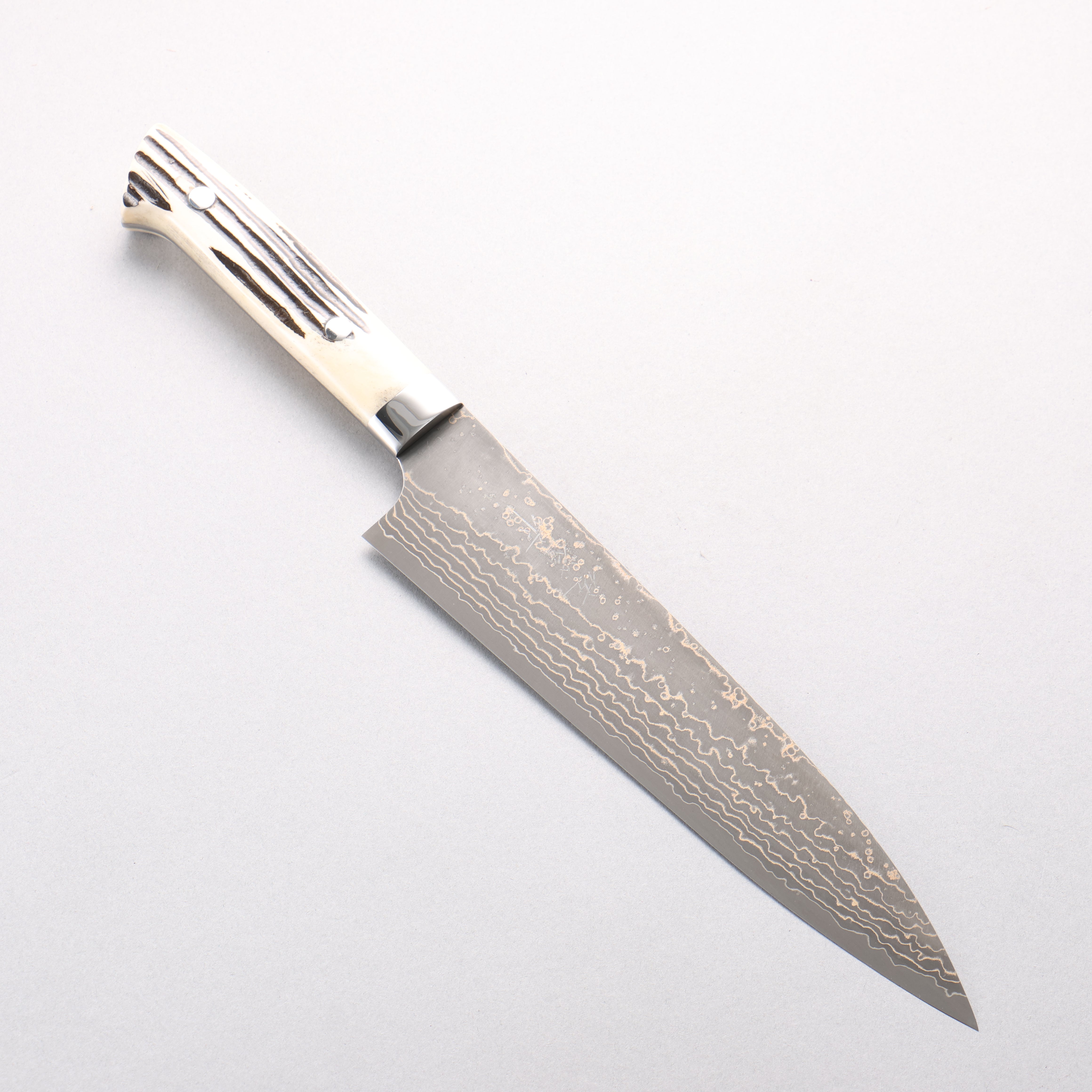 Takeshi Saji VG10w Damascus Gold Colored Gyuto 210mm White Deer Horn Handle - Seisuke Knife