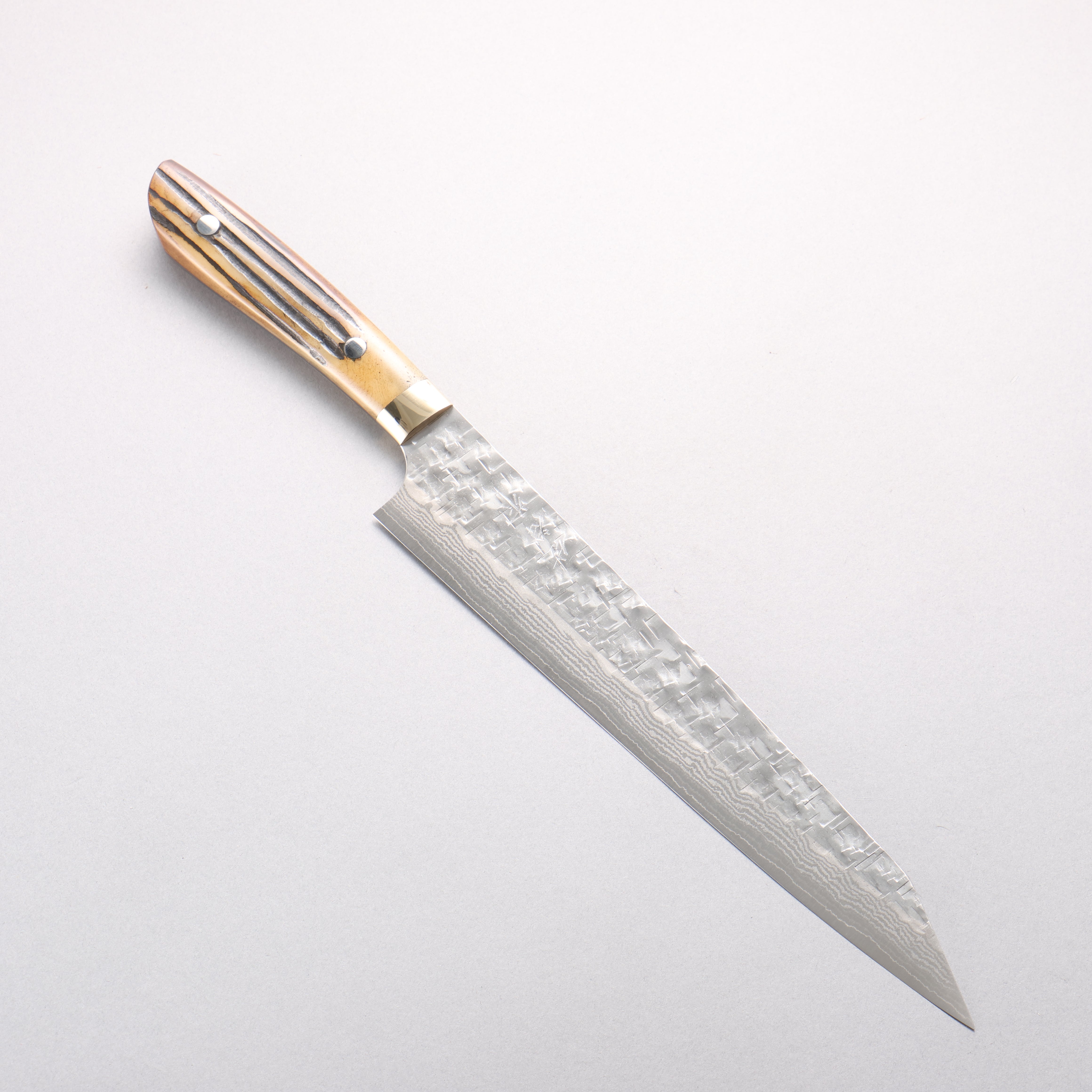 Takeshi Saji SRS13 Hammered Damascus Cross Kiritsuke Sujihiki 240mm Brown Deer Horn Handle - Seisuke Knife