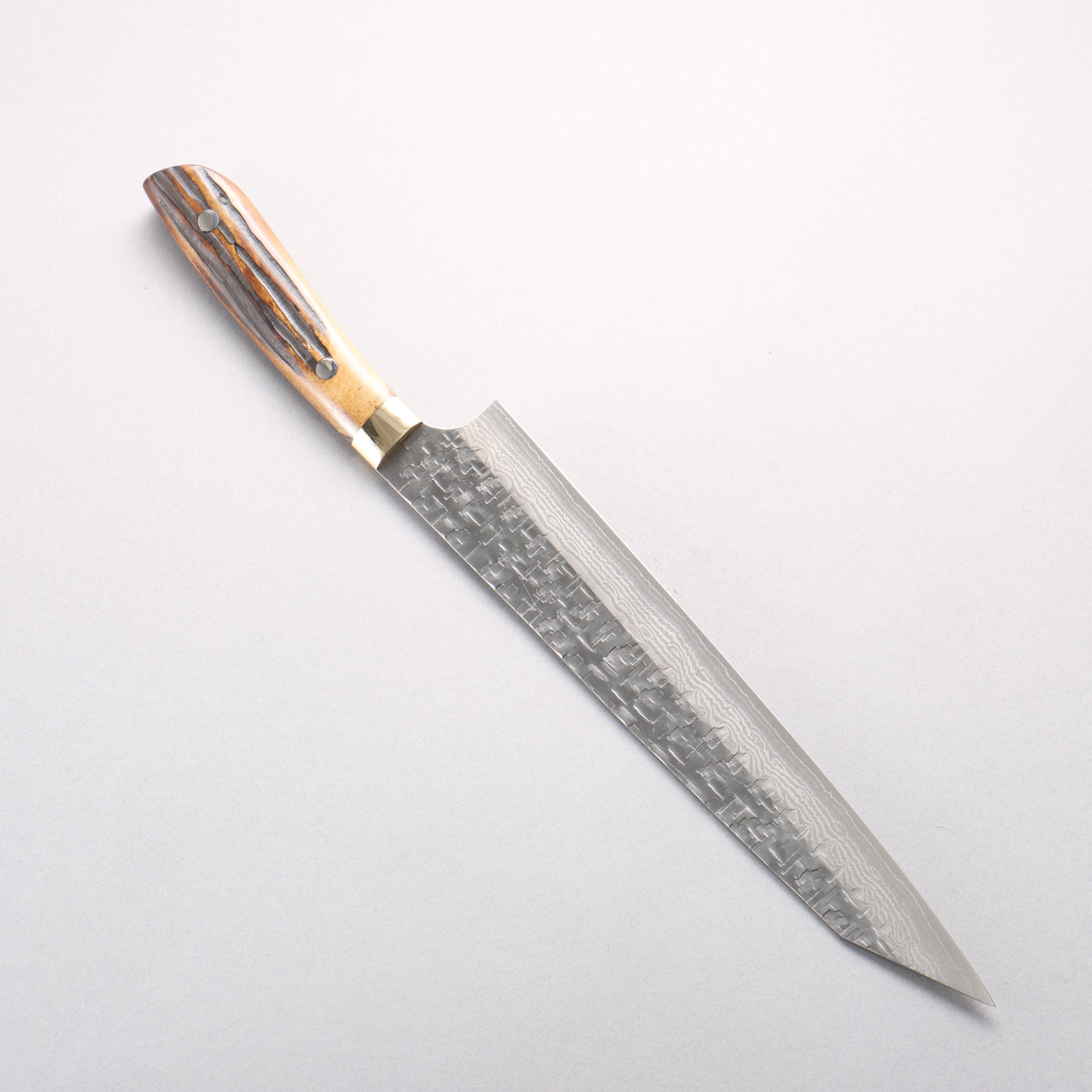 Takeshi Saji SRS13 Hammered Damascus Cross Kiritsuke Sujihiki 240mm Brown Deer Horn Handle - Seisuke Knife