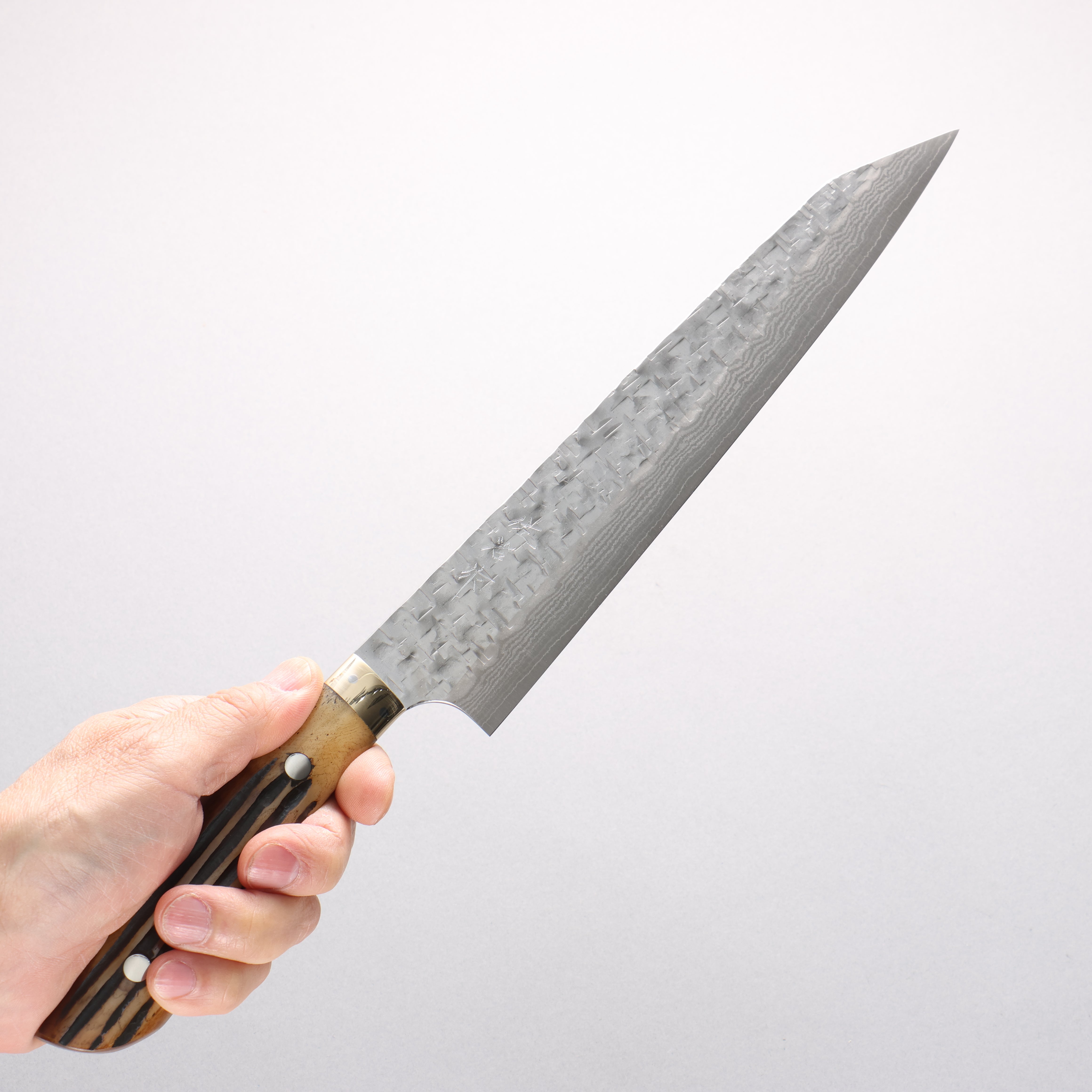 Takeshi Saji SRS13 Hammered Damascus Cross Kiritsuke Sujihiki 240mm Brown Deer Horn Handle - Seisuke Knife