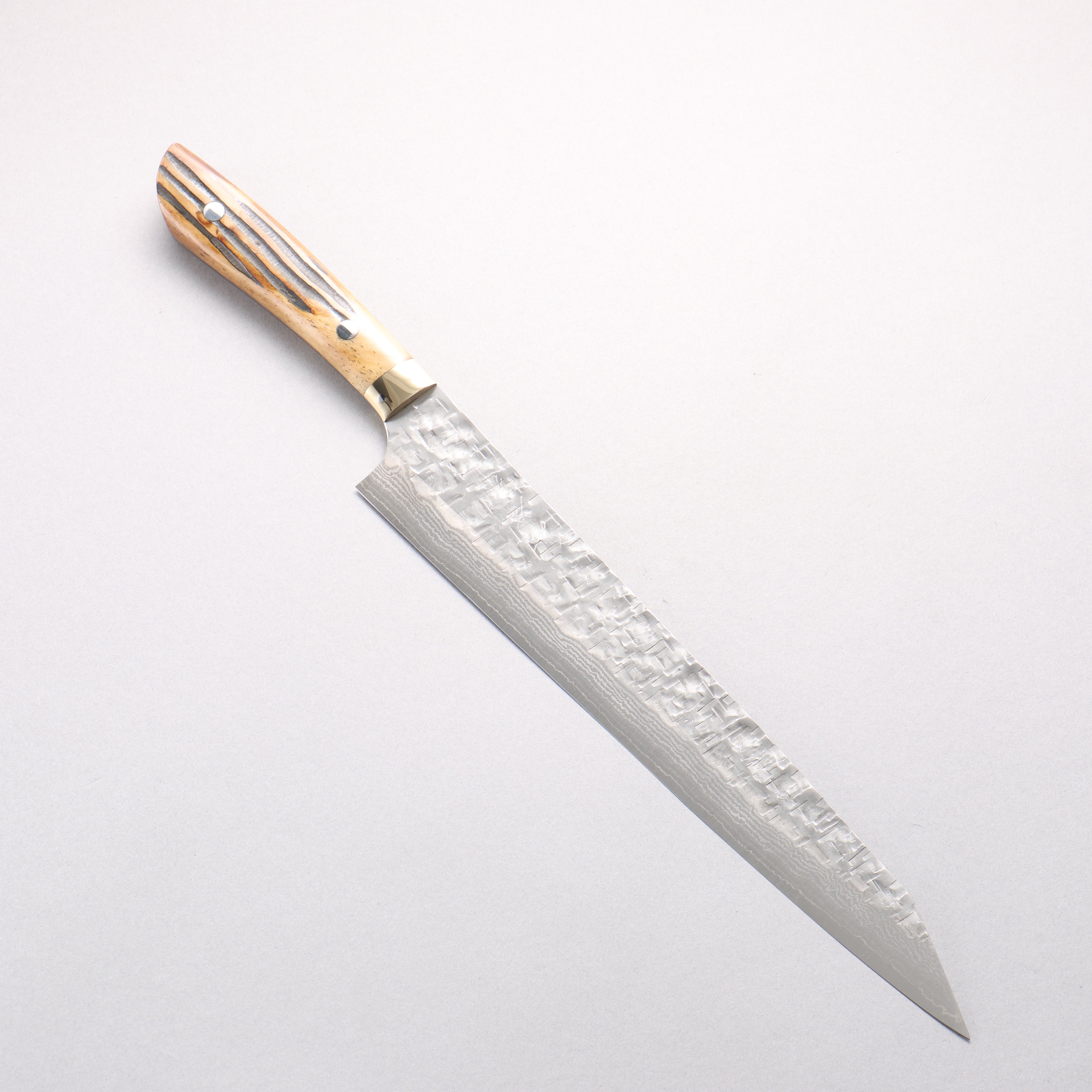 Takeshi Saji SRS13 Hammered Damascus Cross Kiritsuke Sujihiki 270mm Brown Deer Horn Handle - Seisuke Knife