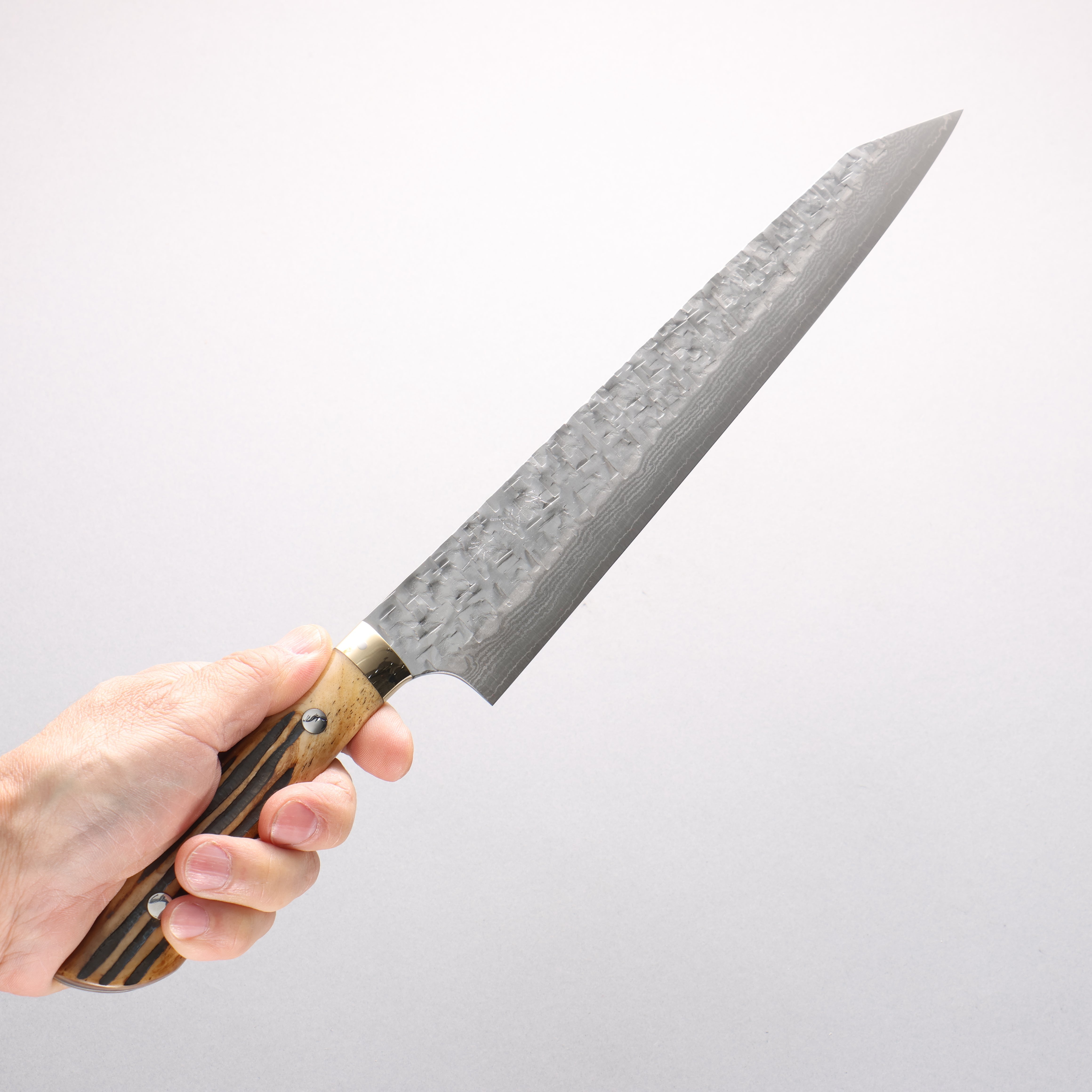Takeshi Saji SRS13 Hammered Damascus Cross Kiritsuke Sujihiki 270mm Brown Deer Horn Handle - Seisuke Knife