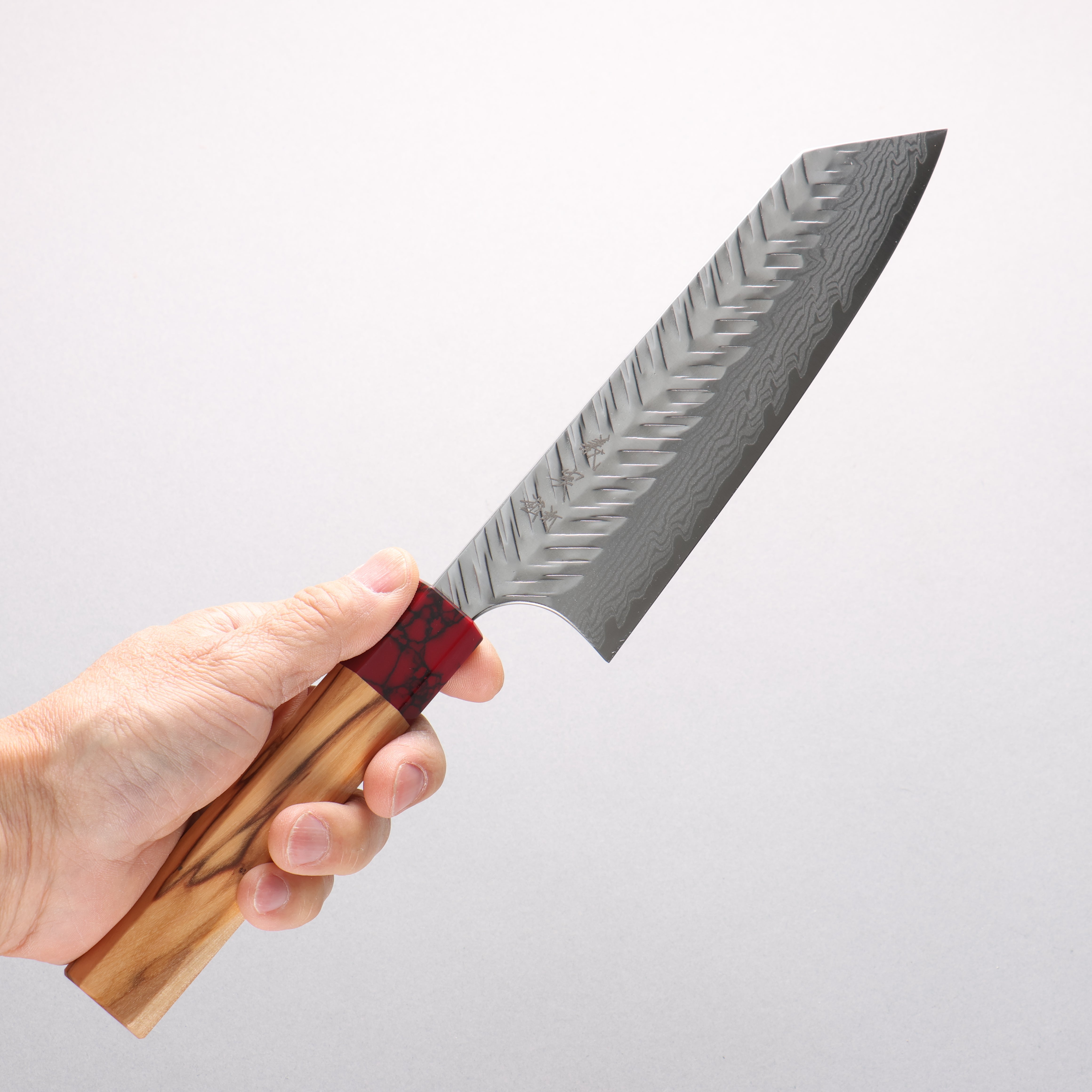 Yoshimi Kato VG-XEOS Damascus V-Hammered Bunka 170mm Olive Wood & Red Turquoise Handle - Seisuke Knife