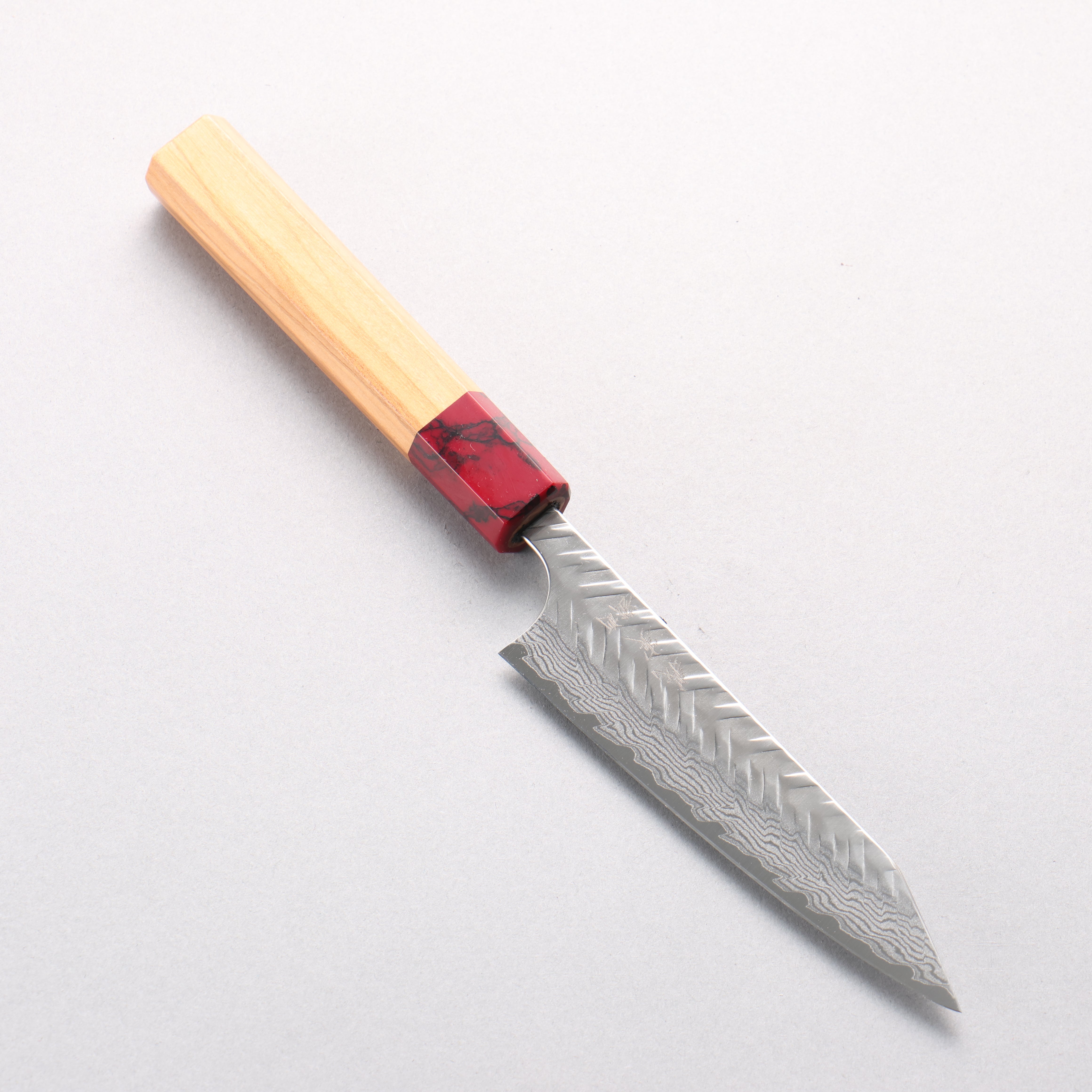 Yoshimi Kato VG-XEOS Damascus V-Hammered Kiritsuke Petty-Utility 120mm Olive Wood & Red Turquoise Handle - Seisuke Knife