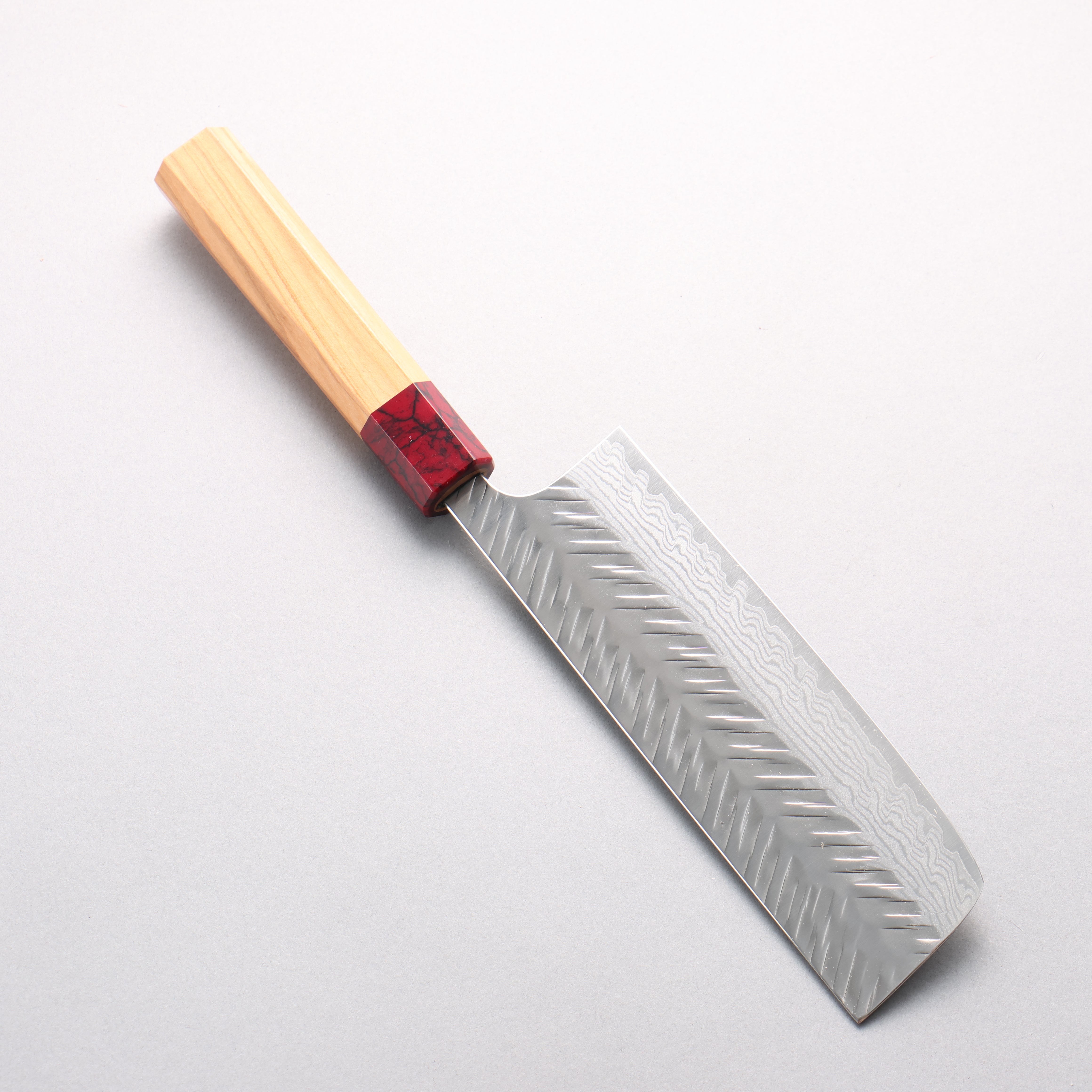 Yoshimi Kato VG-XEOS Damascus V-Hammered Nakiri 165mm Olive Wood & Red Turquoise Handle - Seisuke Knife