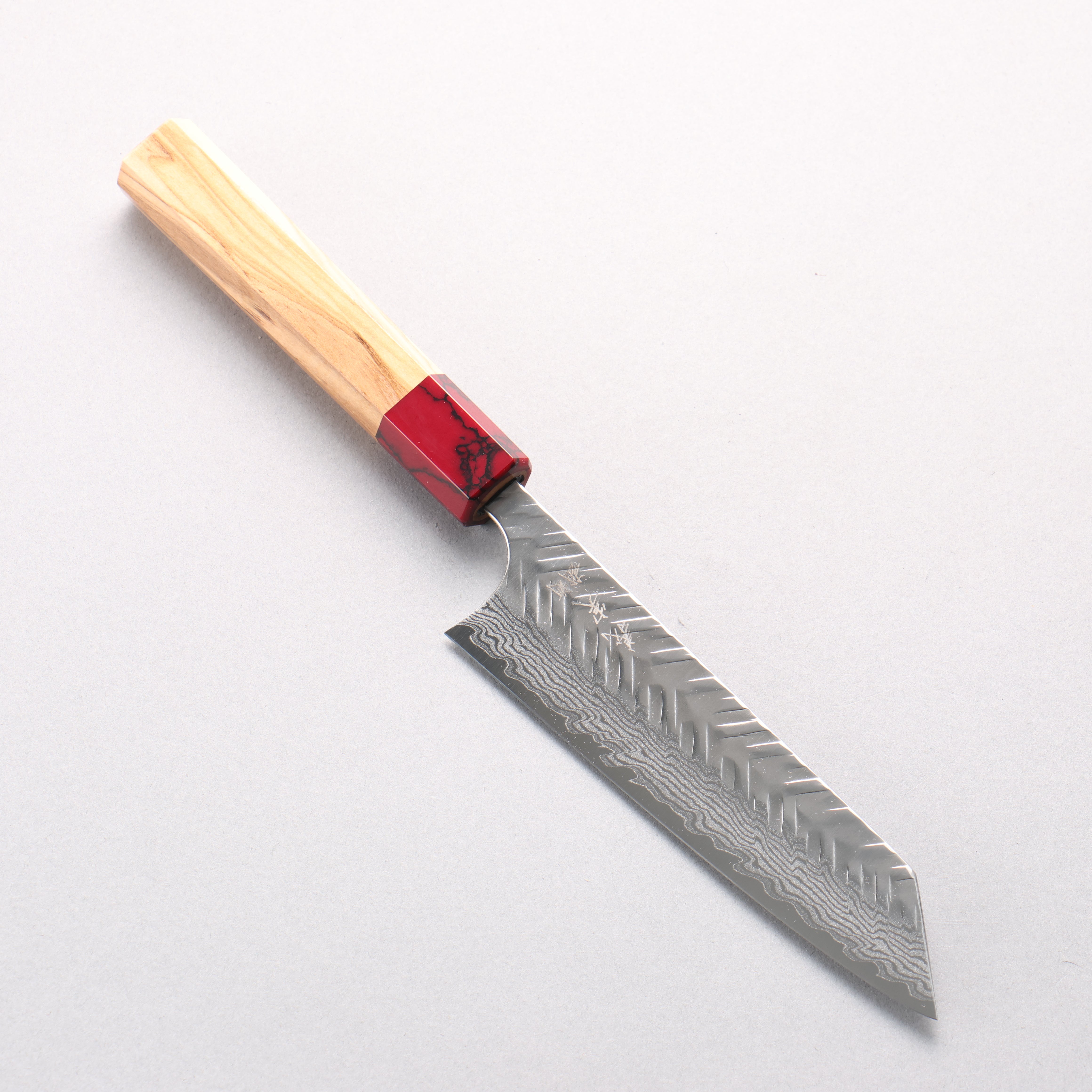 Yoshimi Kato VG-XEOS Damascus V-Hammered Small Bunka 130mm Olive Wood & Red Turquoise Handle - Seisuke Knife