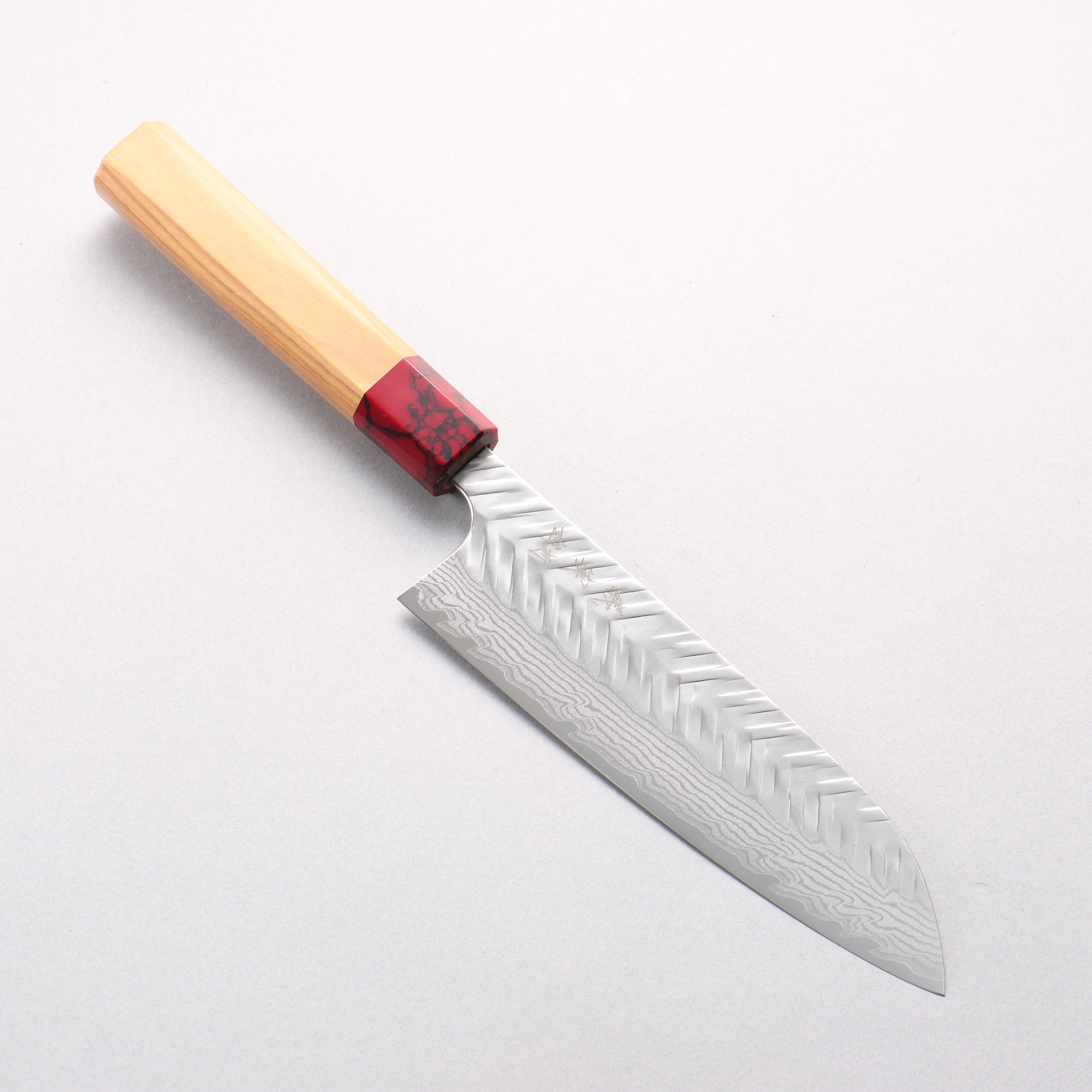 Yoshimi Kato VG-XEOS Damascus V-Hammered Santoku 170mm Olive Wood & Red Turquoise Handle - Seisuke Knife