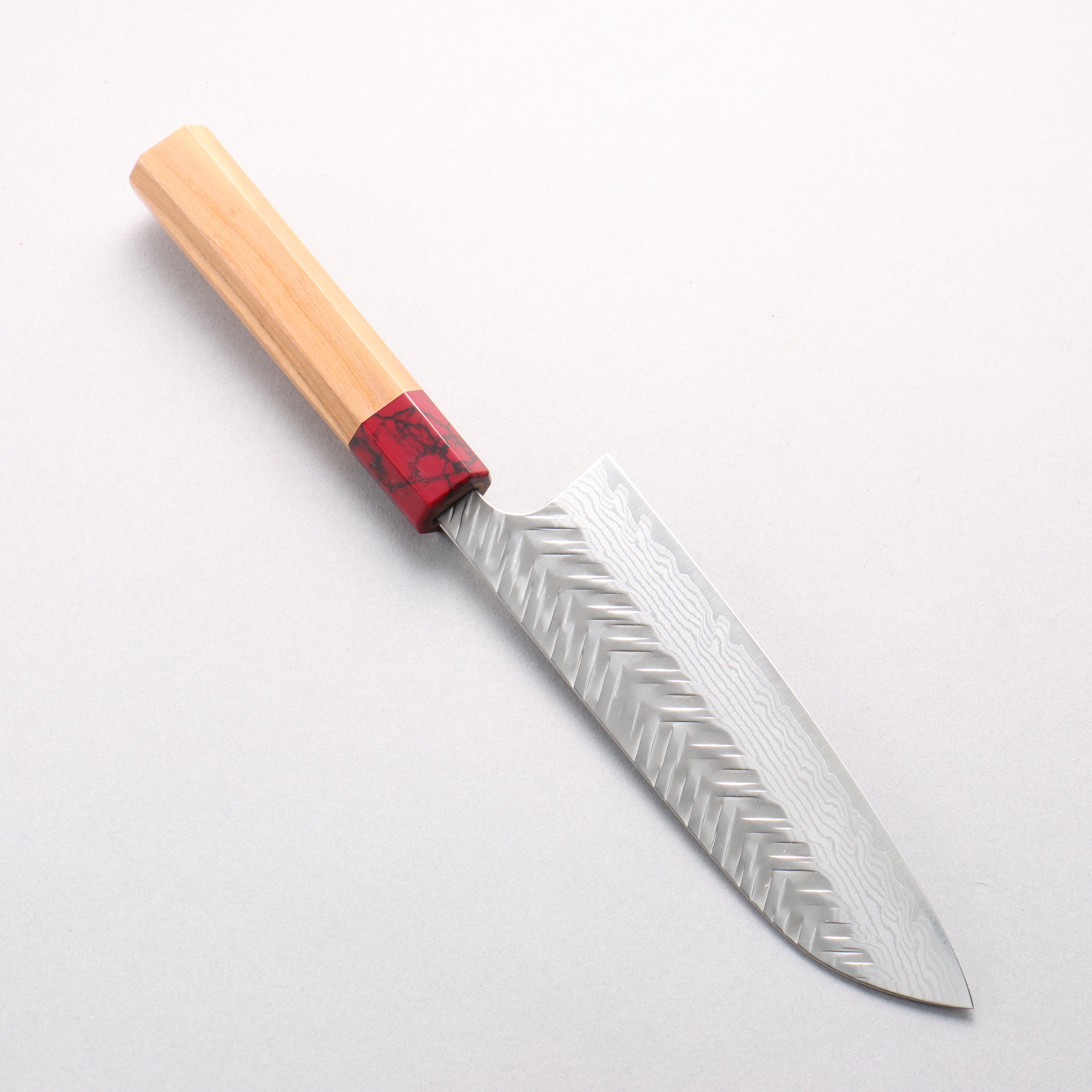 Yoshimi Kato VG-XEOS Damascus V-Hammered Santoku 170mm Olive Wood & Red Turquoise Handle - Seisuke Knife