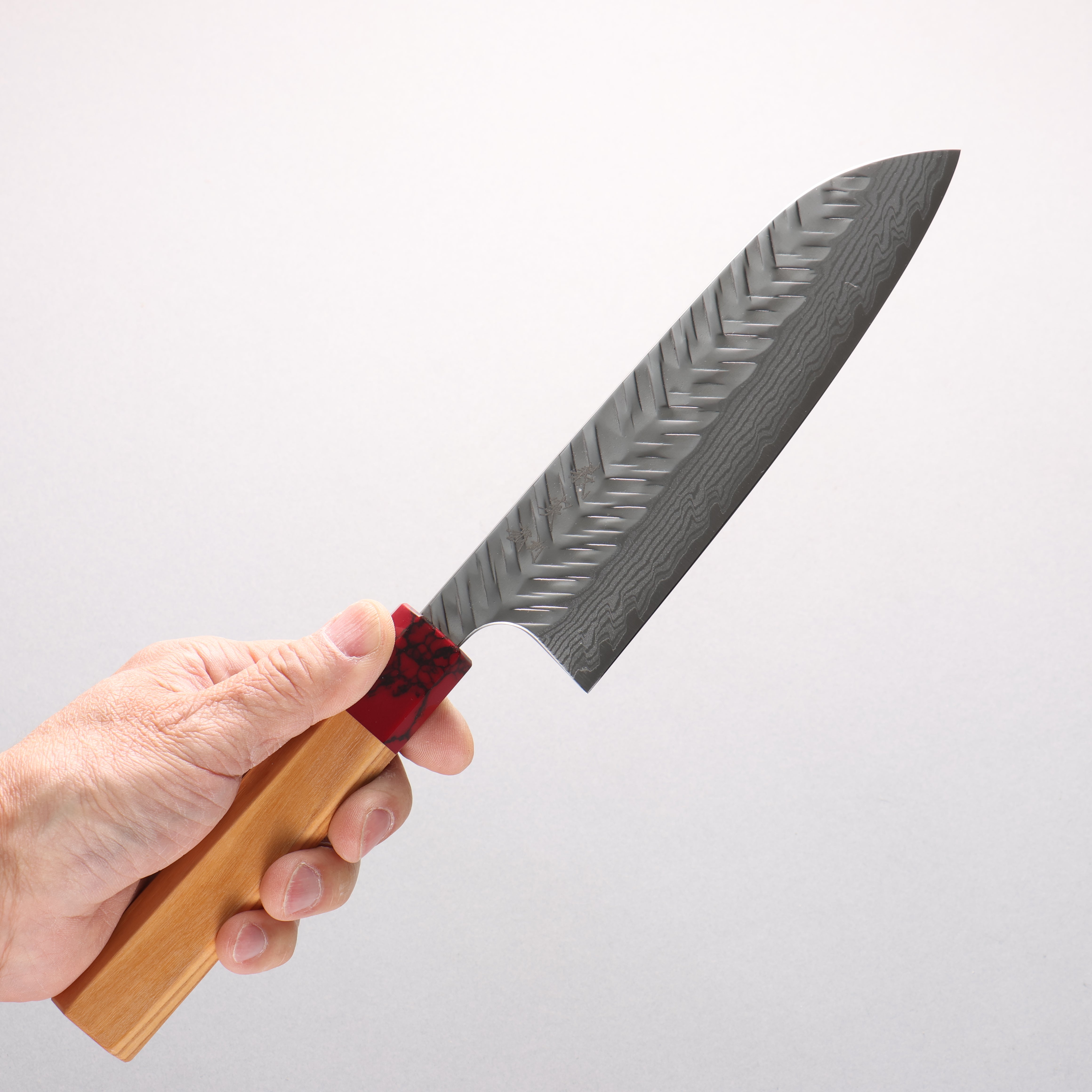 Yoshimi Kato VG-XEOS Damascus V-Hammered Santoku 170mm Olive Wood & Red Turquoise Handle - Seisuke Knife