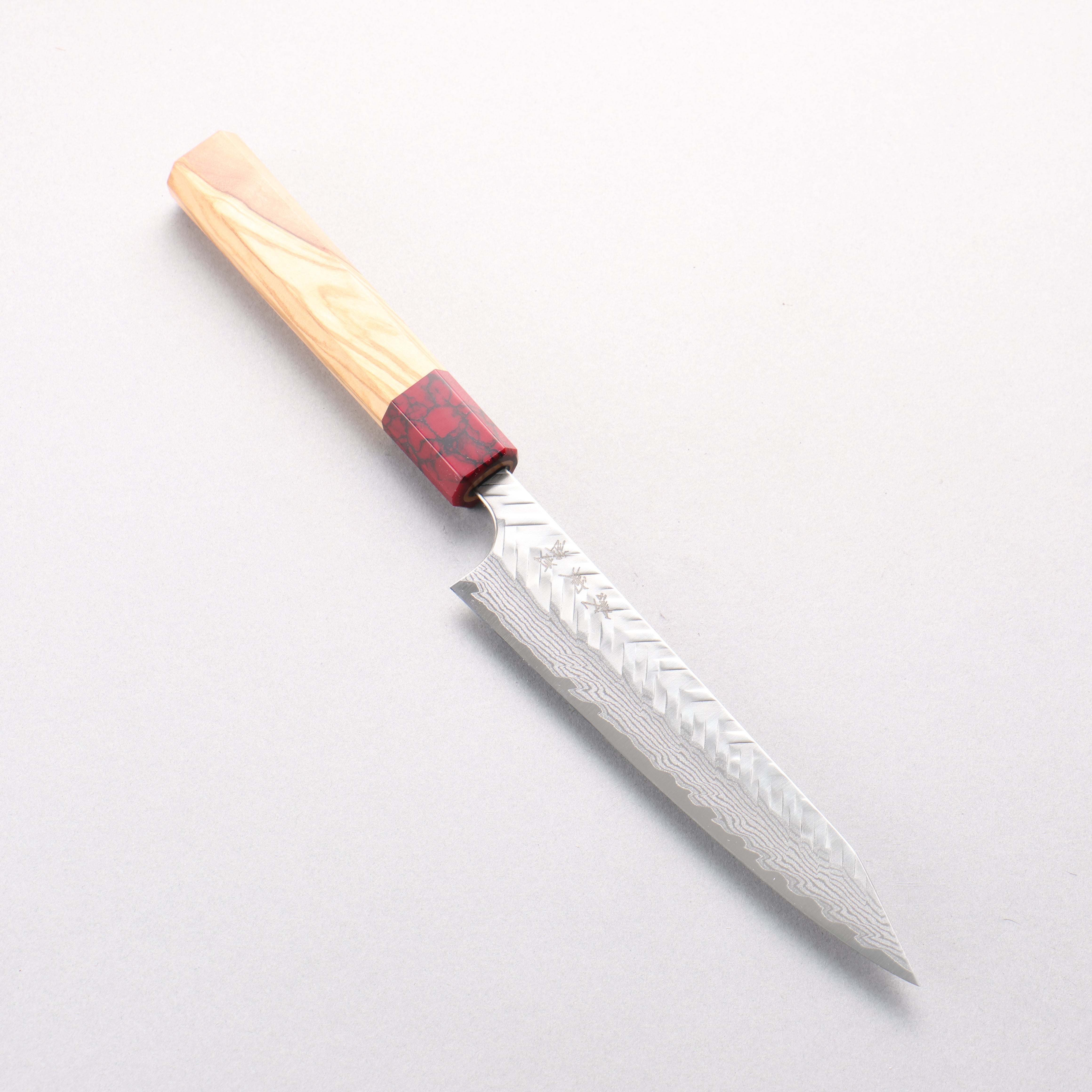 Yoshimi Kato VG-XEOS Damascus V-Hammered Kiritsuke Petty-Utility 150mm Olive Wood & Red Turquoise Handle - Seisuke Knife