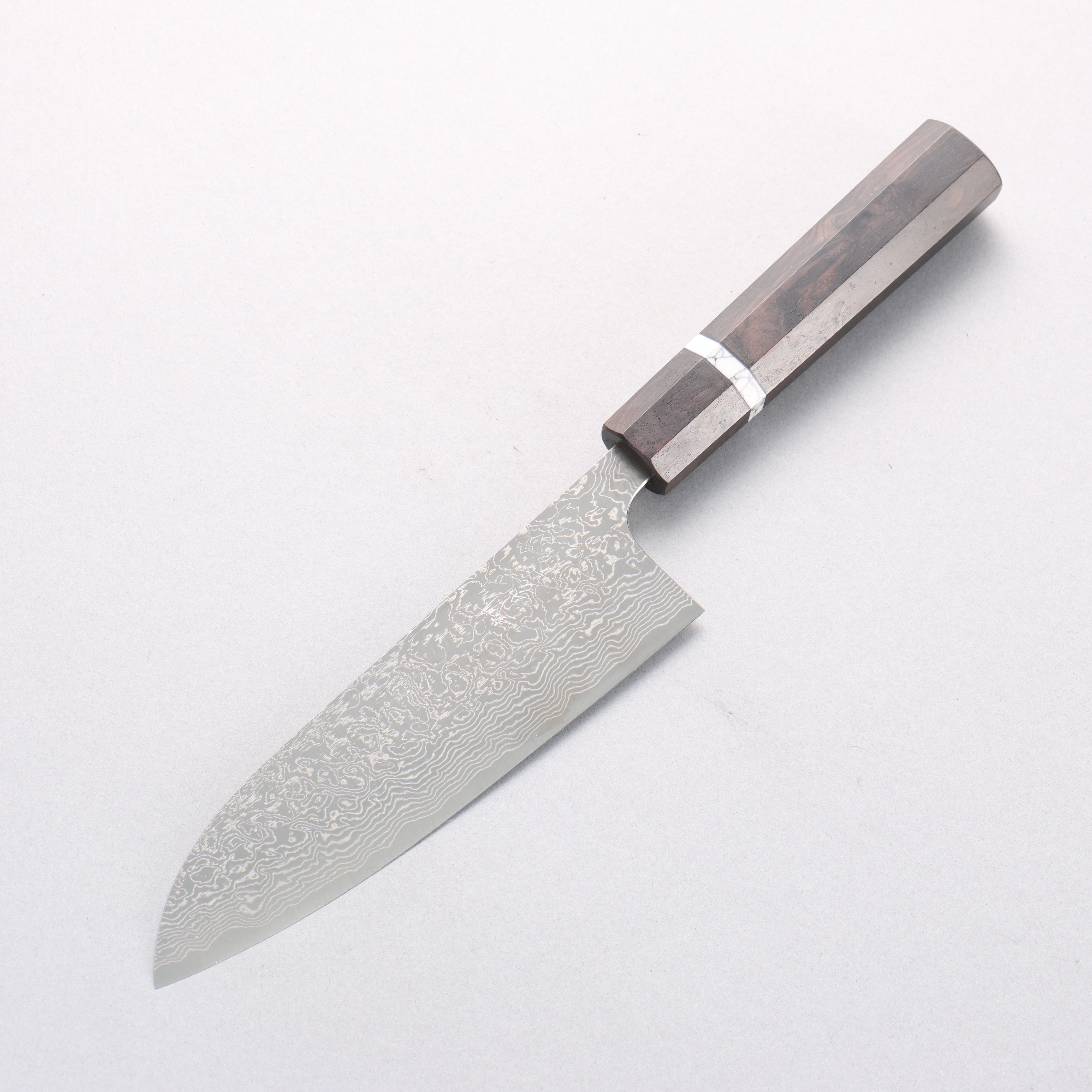 Anryu VG10 Migaki Damascus Small Santoku 150mm Ebony Wood & White Turquoise Ring Handle - Seisuke Knife