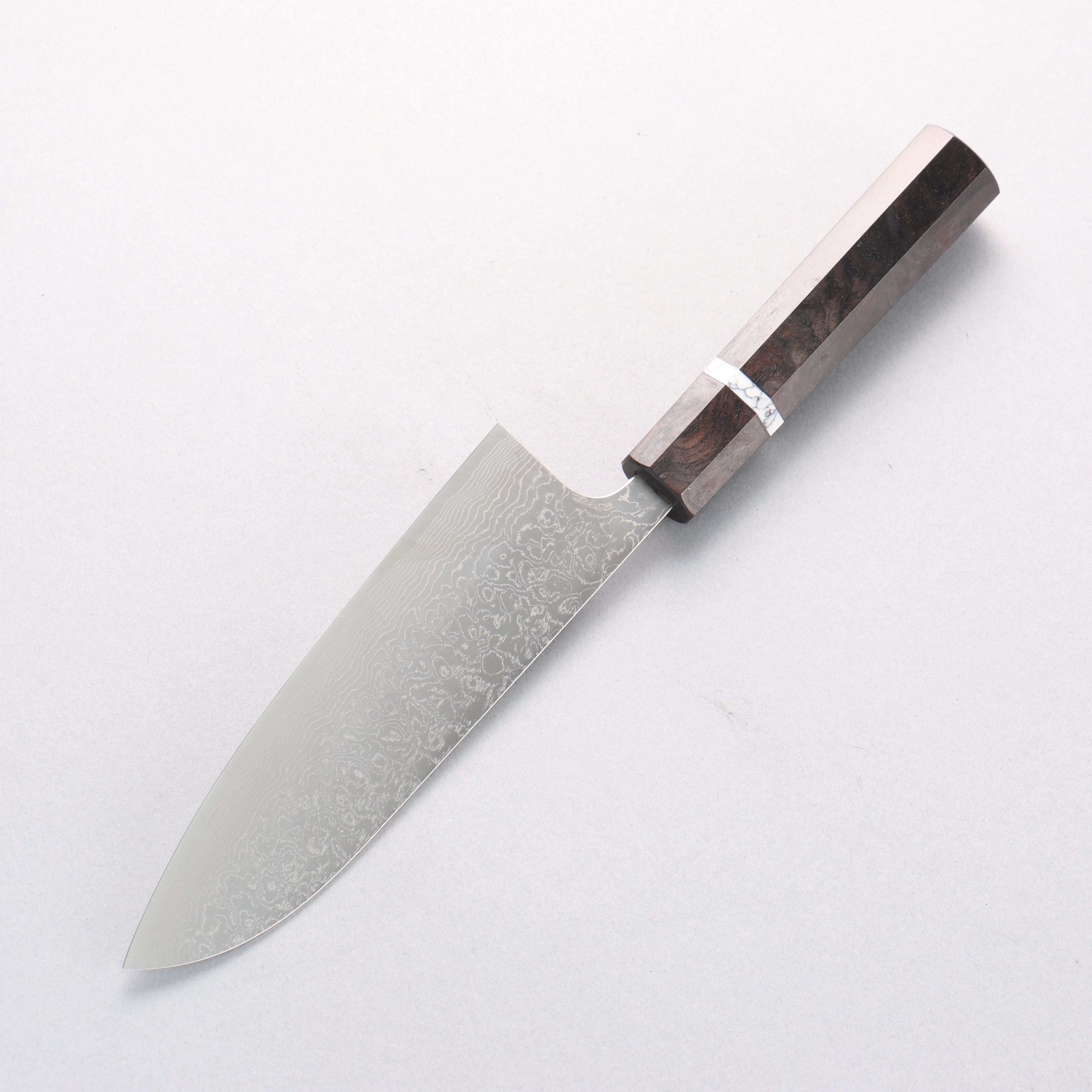 Anryu VG10 Migaki Damascus Small Santoku 150mm Ebony Wood & White Turquoise Ring Handle - Seisuke Knife
