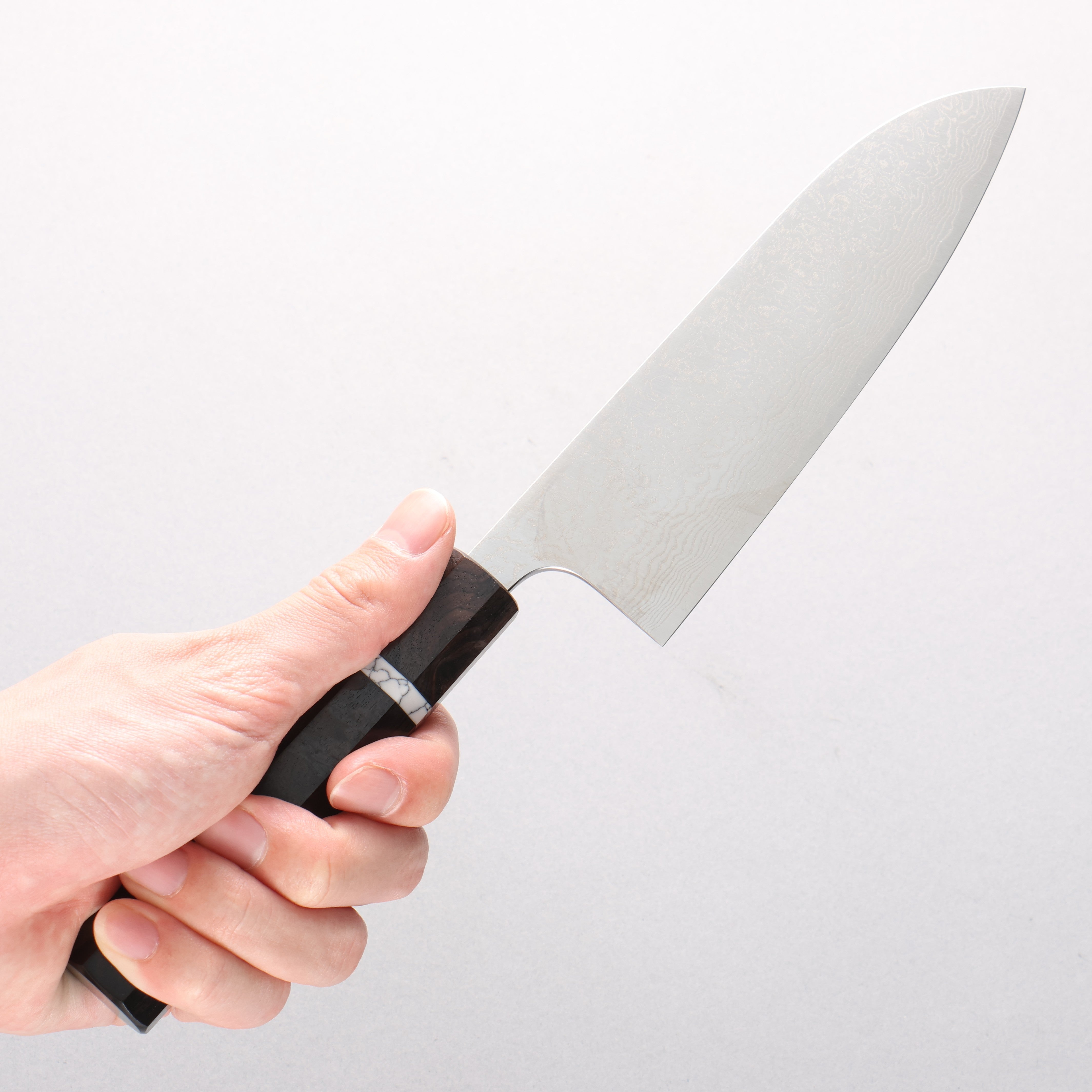 Anryu VG10 Migaki Damascus Small Santoku 150mm Ebony Wood & White Turquoise Ring Handle - Seisuke Knife