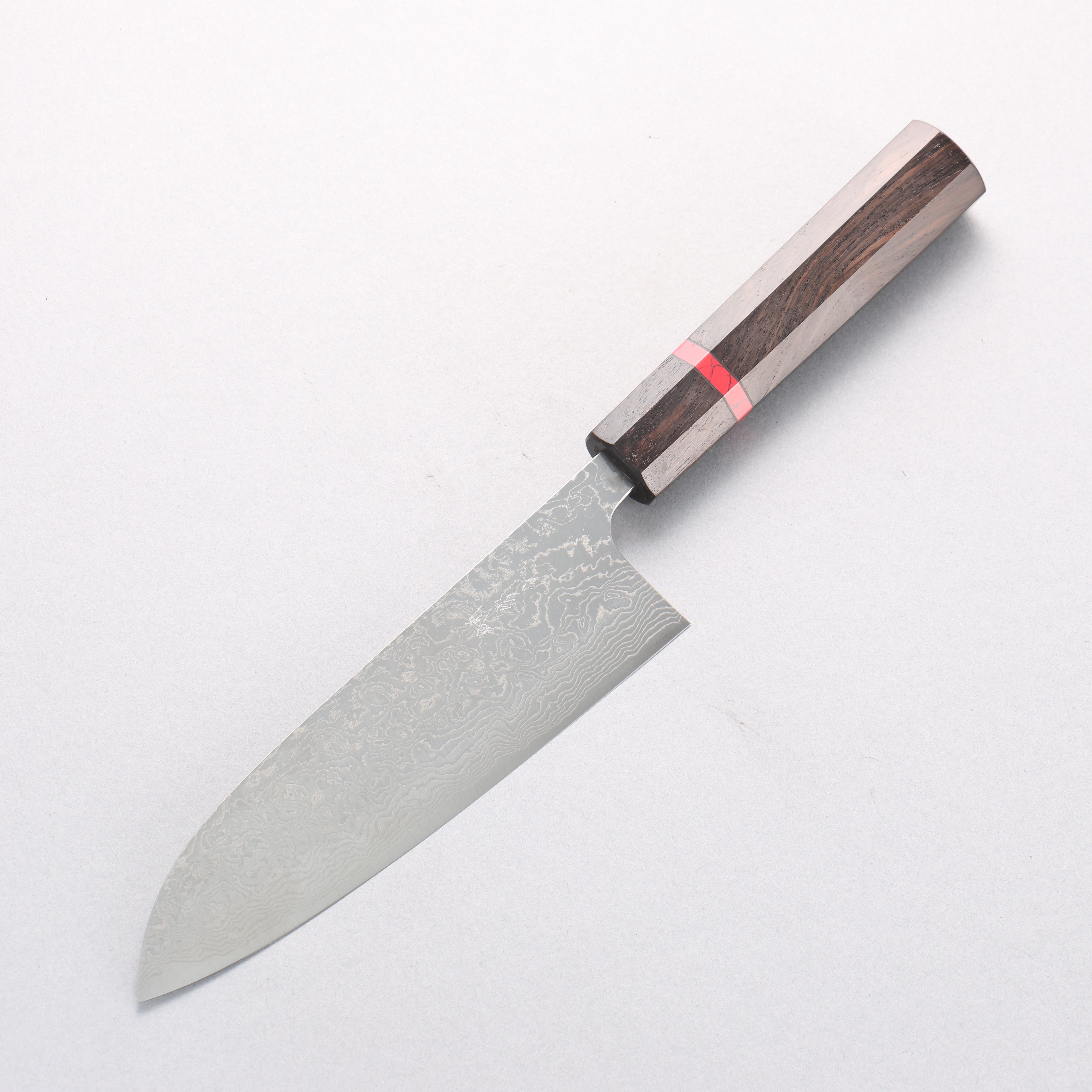 Anryu VG10 Migaki Damascus Small Santoku 150mm Ebony Wood & Red Turquoise Ring Handle - Seisuke Knife