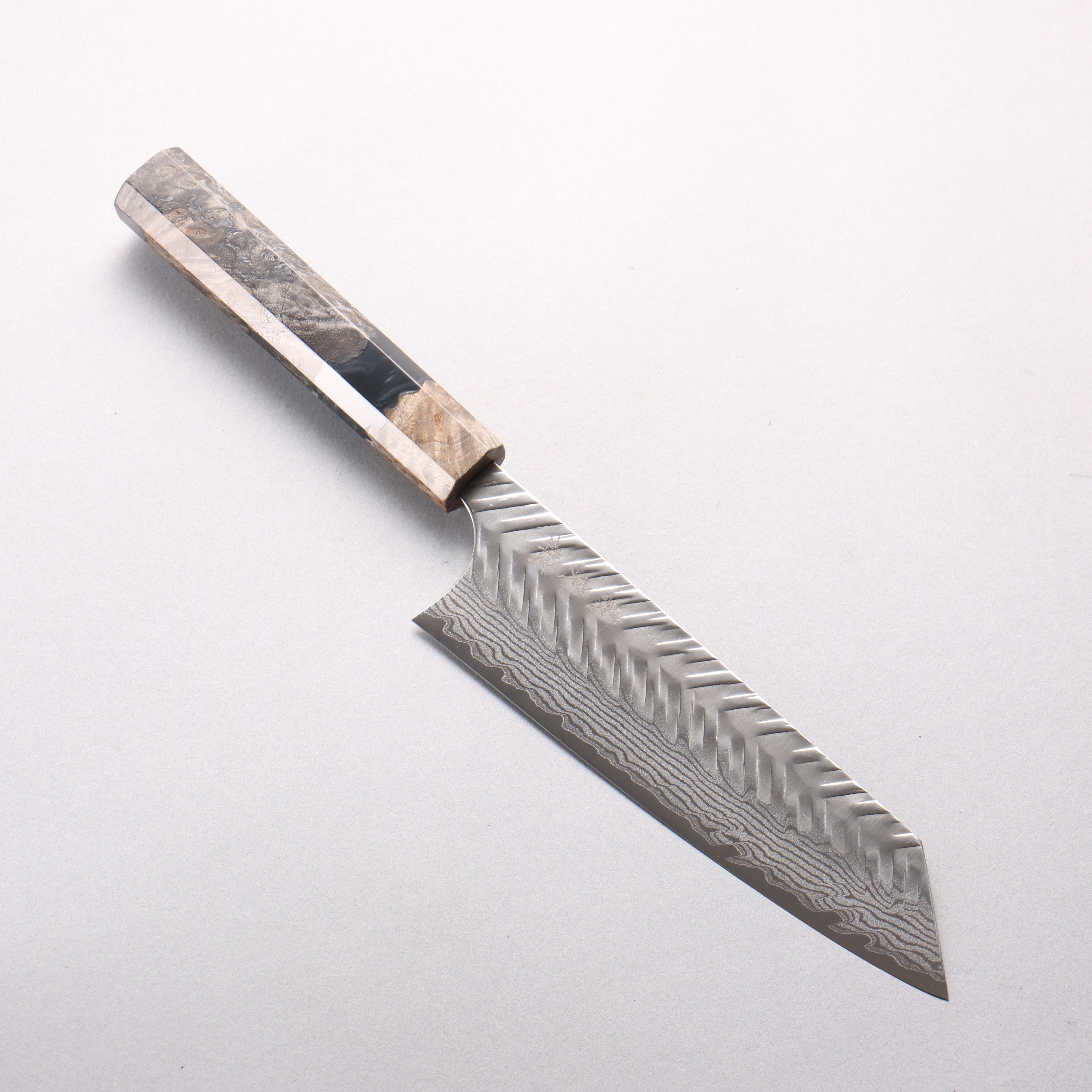 Yoshimi Kato VG-XEOS Damascus V-Hammered Bunka 170mm Stabilized Birch & Black Resin Handle - Seisuke Knife