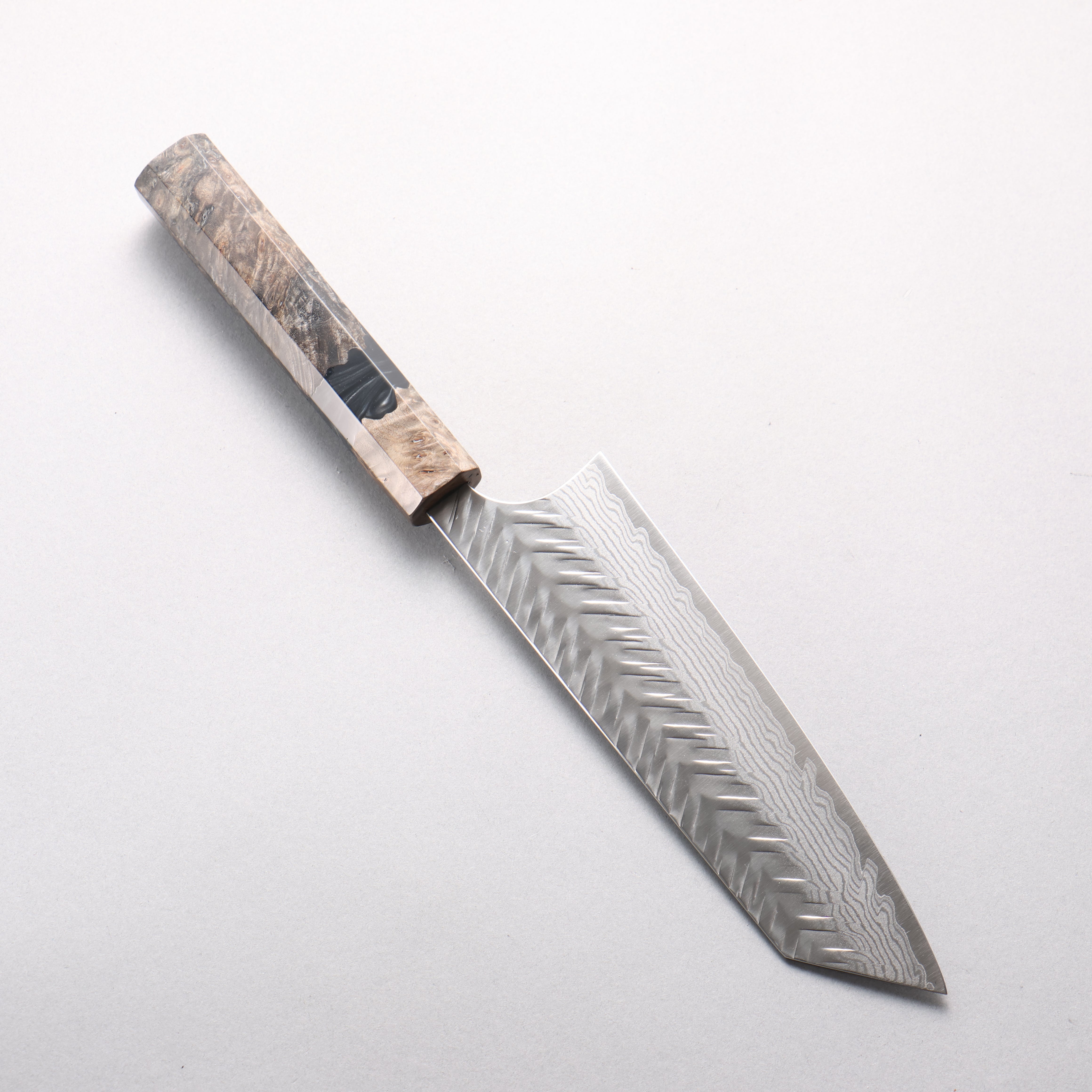 Yoshimi Kato VG-XEOS Damascus V-Hammered Bunka 170mm Stabilized Birch & Black Resin Handle - Seisuke Knife