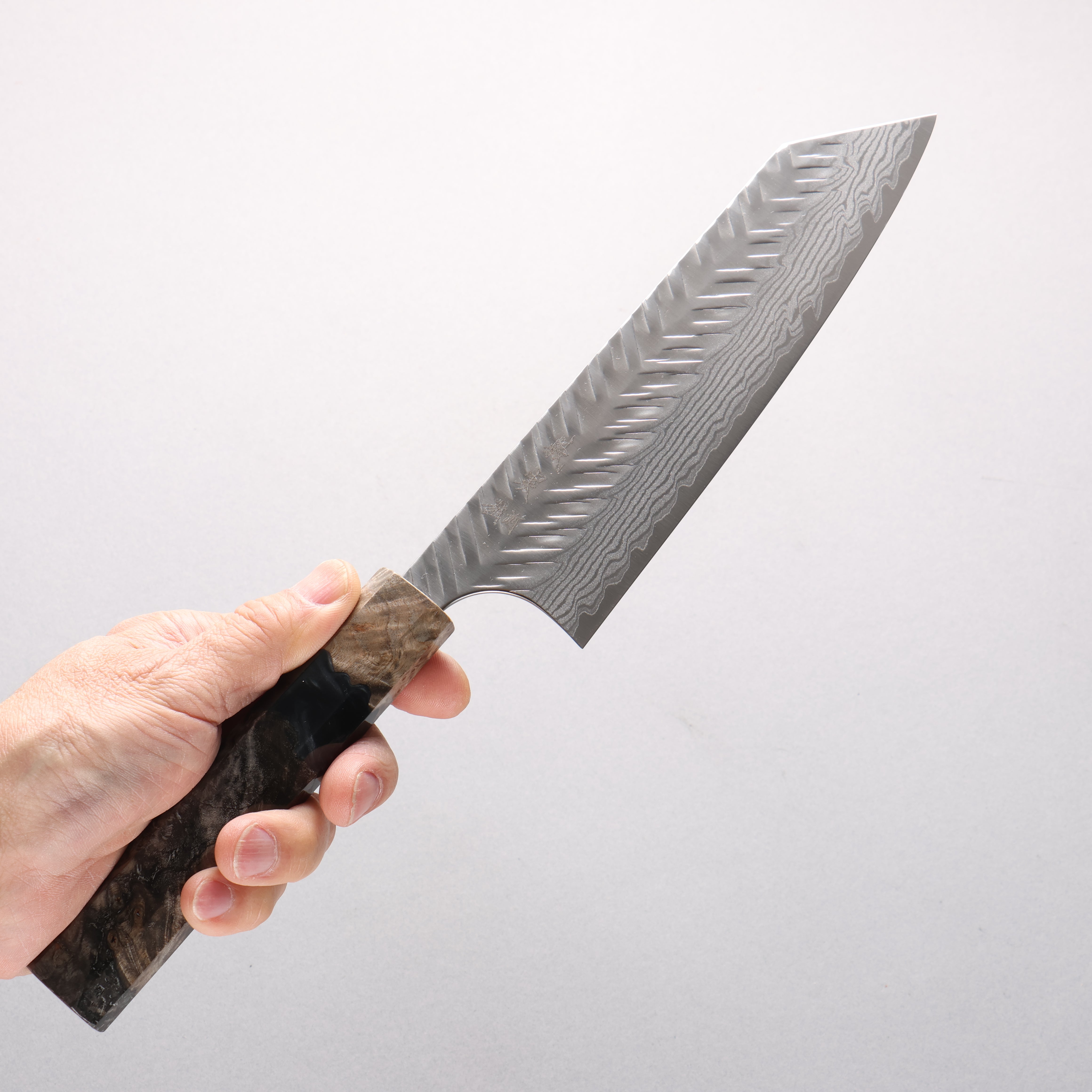 Yoshimi Kato VG-XEOS Damascus V-Hammered Bunka 170mm Stabilized Birch & Black Resin Handle - Seisuke Knife