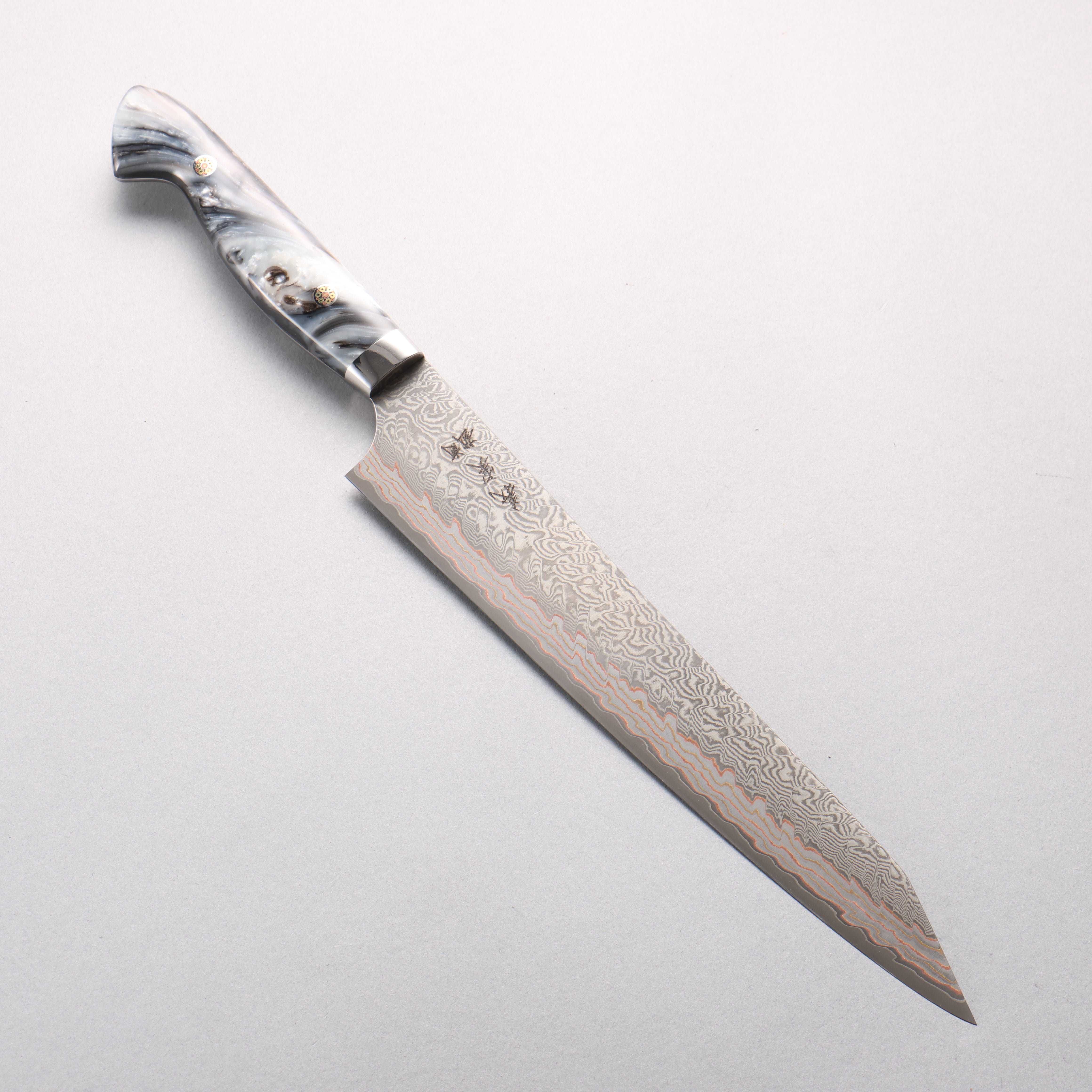 Yoshimi Kato VG10w Colored Damascus Kiritsuke Sujihiki 240mm White and Black Marble Acrylic Handle - Seisuke Knife