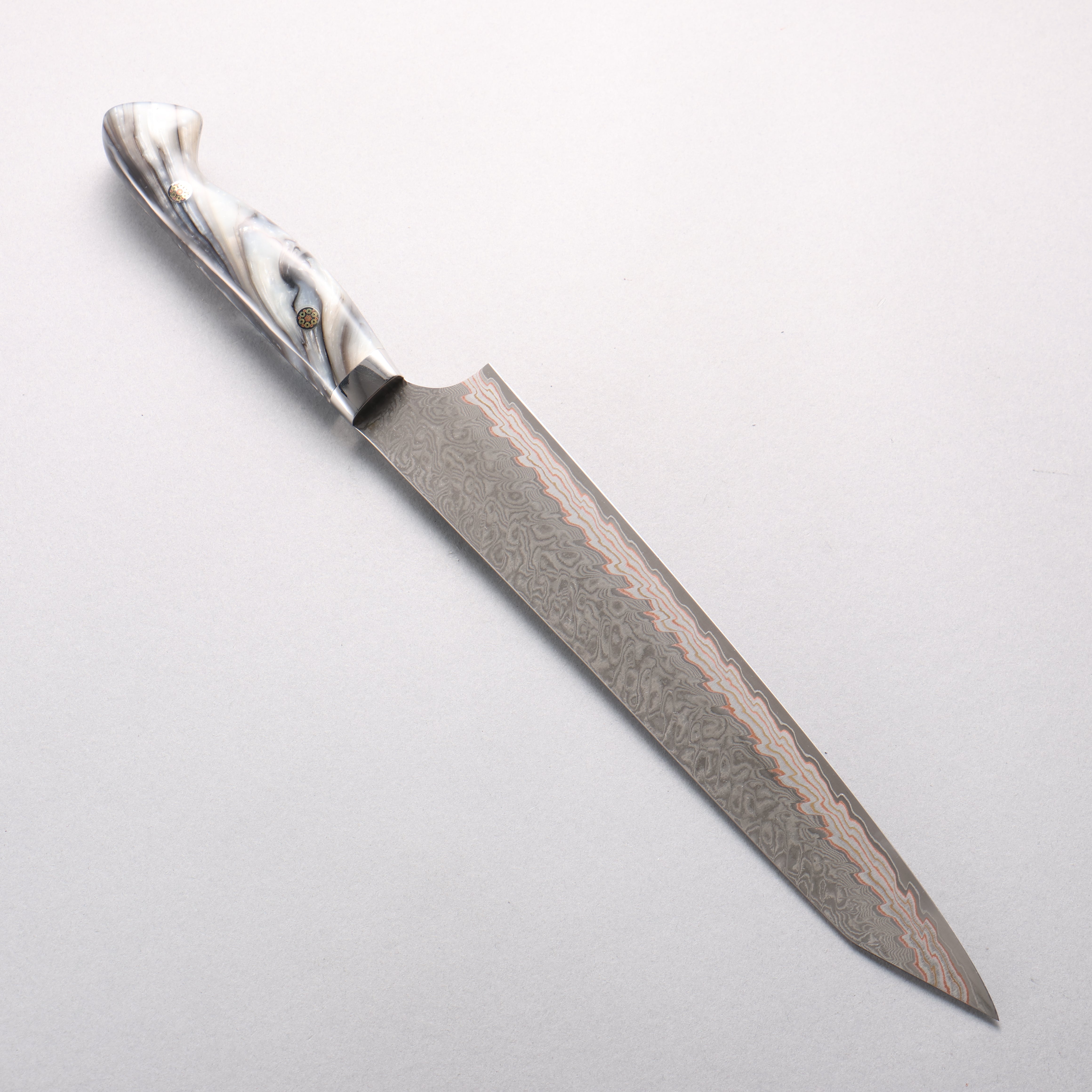 Yoshimi Kato VG10w Colored Damascus Kiritsuke Sujihiki 240mm White and Black Marble Acrylic Handle - Seisuke Knife