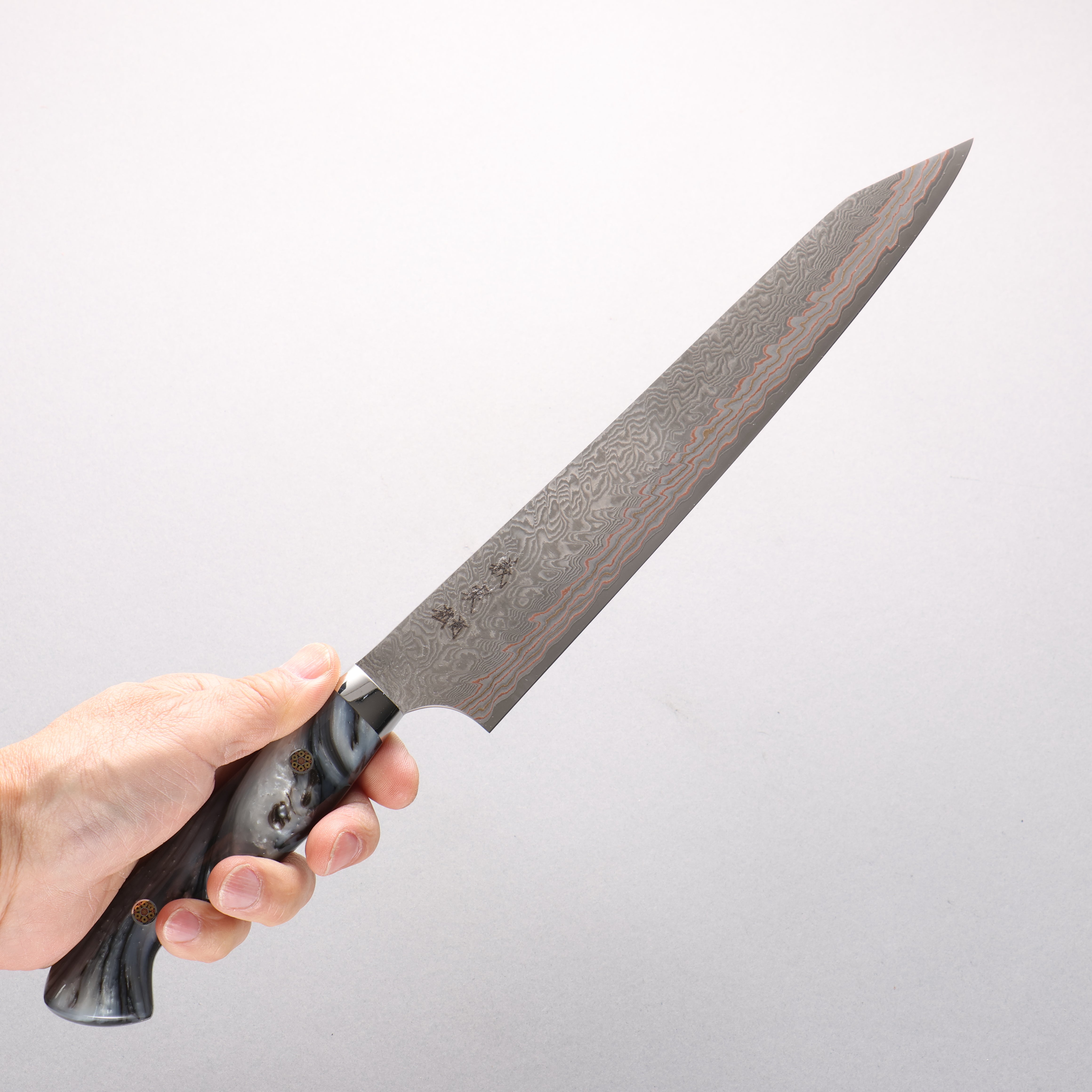 Yoshimi Kato VG10w Colored Damascus Kiritsuke Sujihiki 240mm White and Black Marble Acrylic Handle - Seisuke Knife