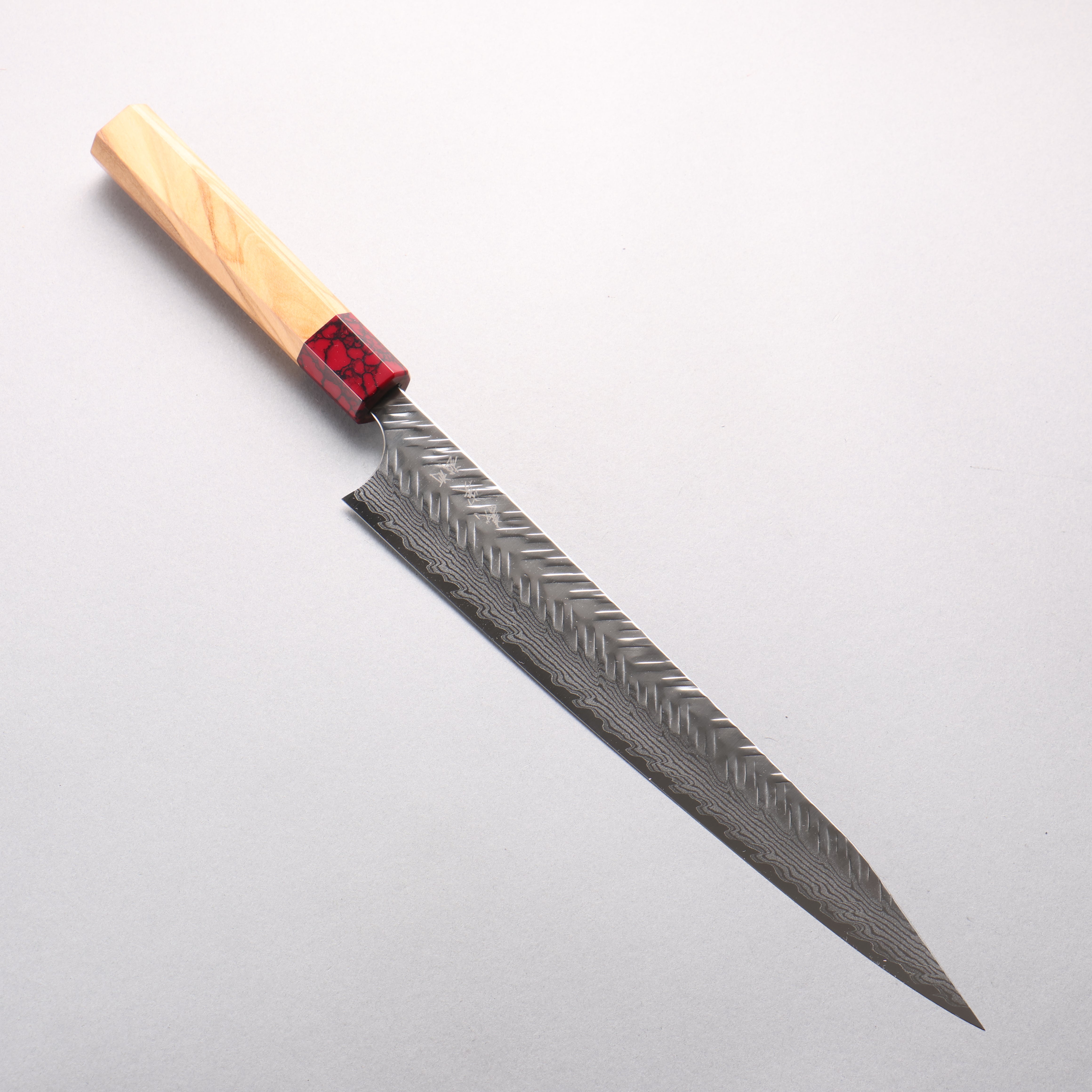 Yoshimi Kato VG-XEOS Damascus V-Hammered Kiritsuke Sujihiki 270mm Olive & Red Turquoise Handle - Seisuke Knife