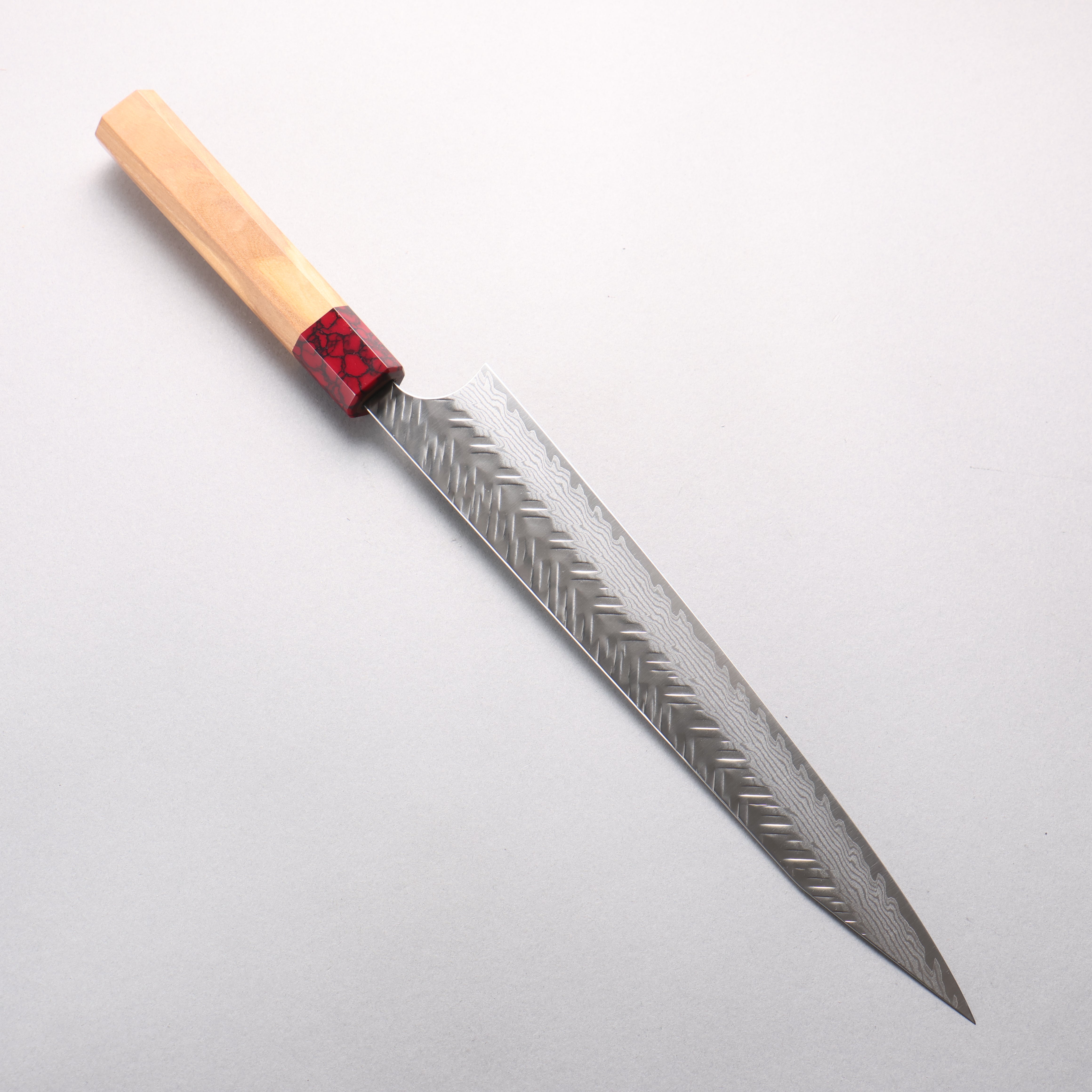 Yoshimi Kato VG-XEOS Damascus V-Hammered Kiritsuke Sujihiki 270mm Olive & Red Turquoise Handle - Seisuke Knife