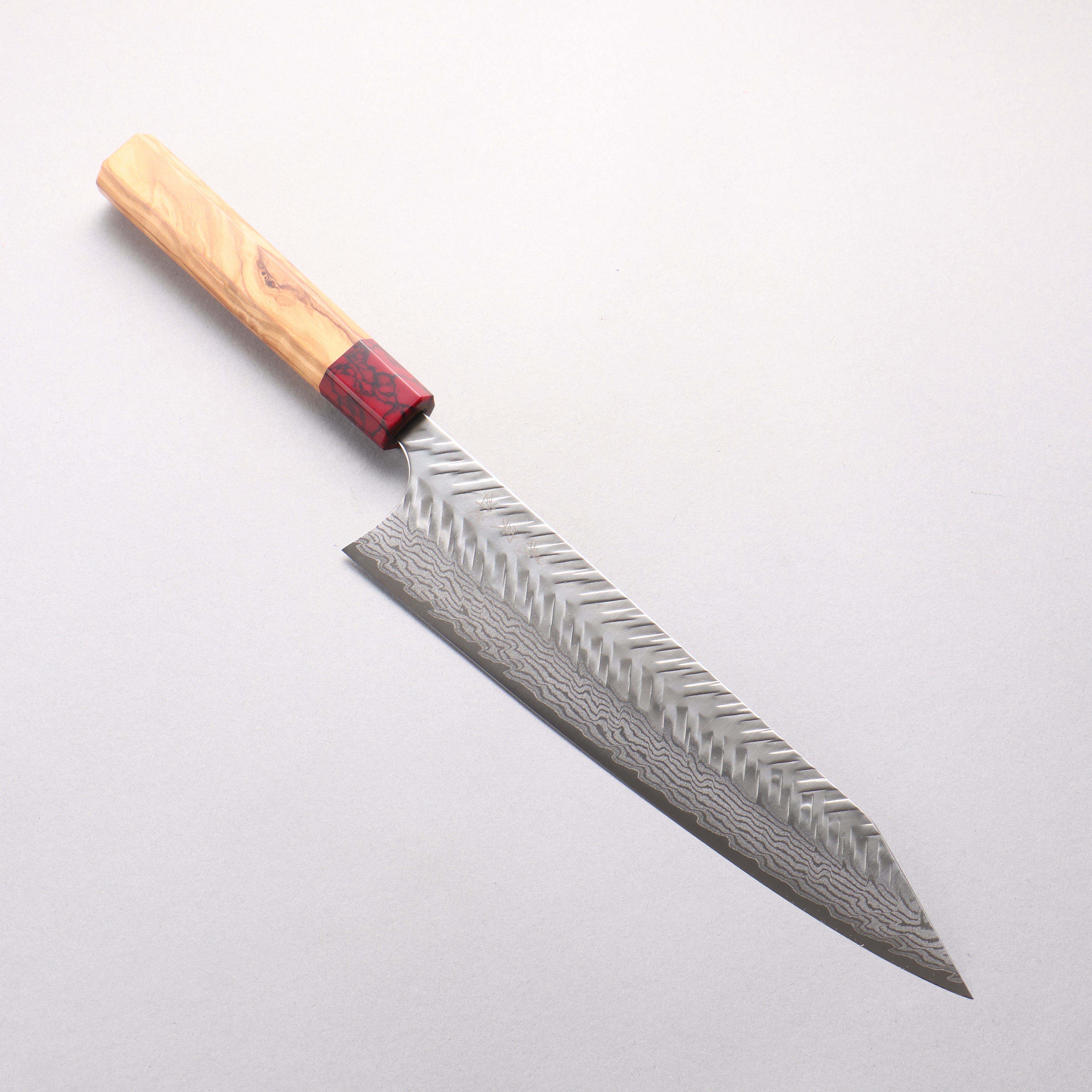 Yoshimi Kato VG-XEOS Damascus V-Hammered Kiritsuke Gyuto 240mm Olive Wood & Red Turquoise Handle - Seisuke Knife