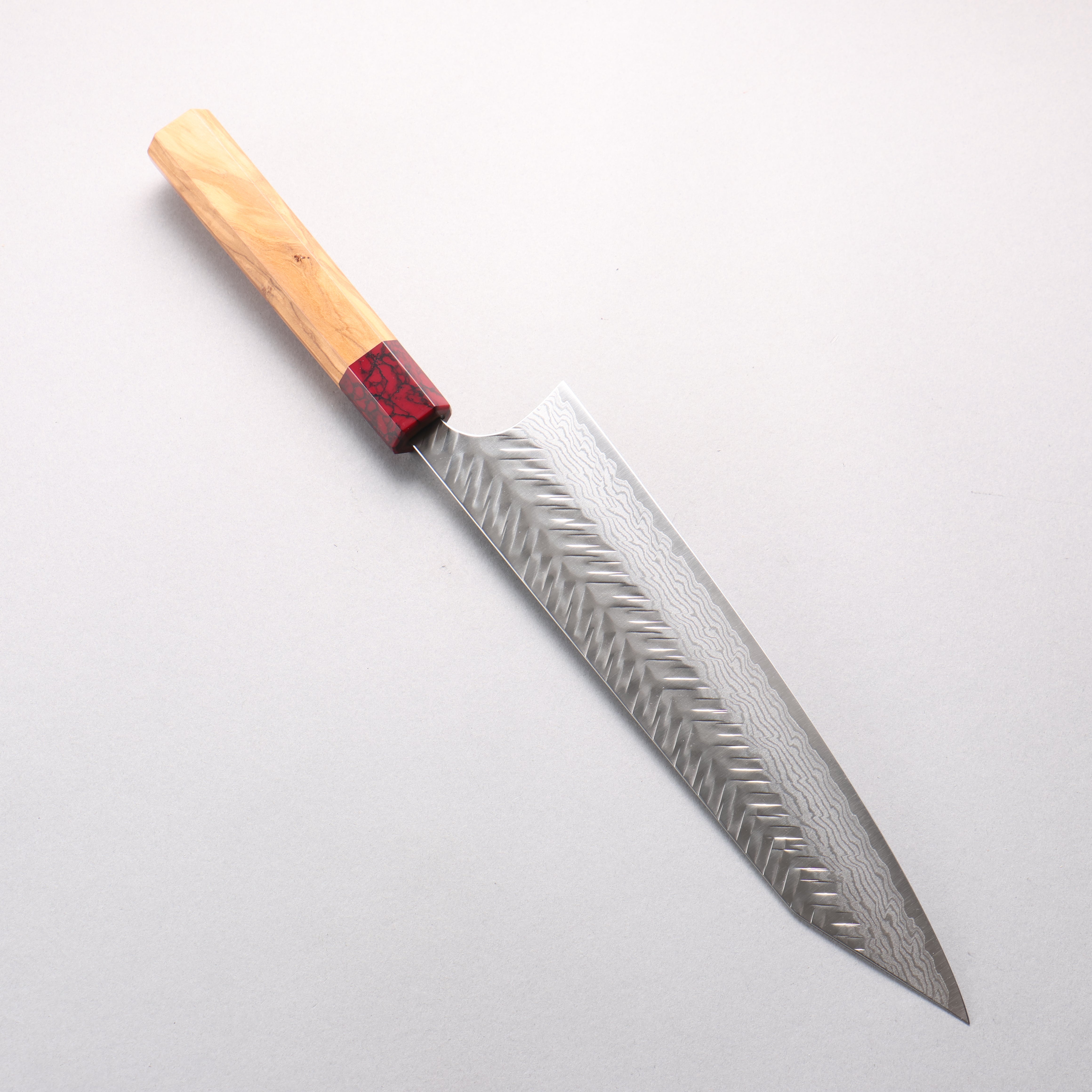 Yoshimi Kato VG-XEOS Damascus V-Hammered Kiritsuke Gyuto 240mm Olive Wood & Red Turquoise Handle - Seisuke Knife