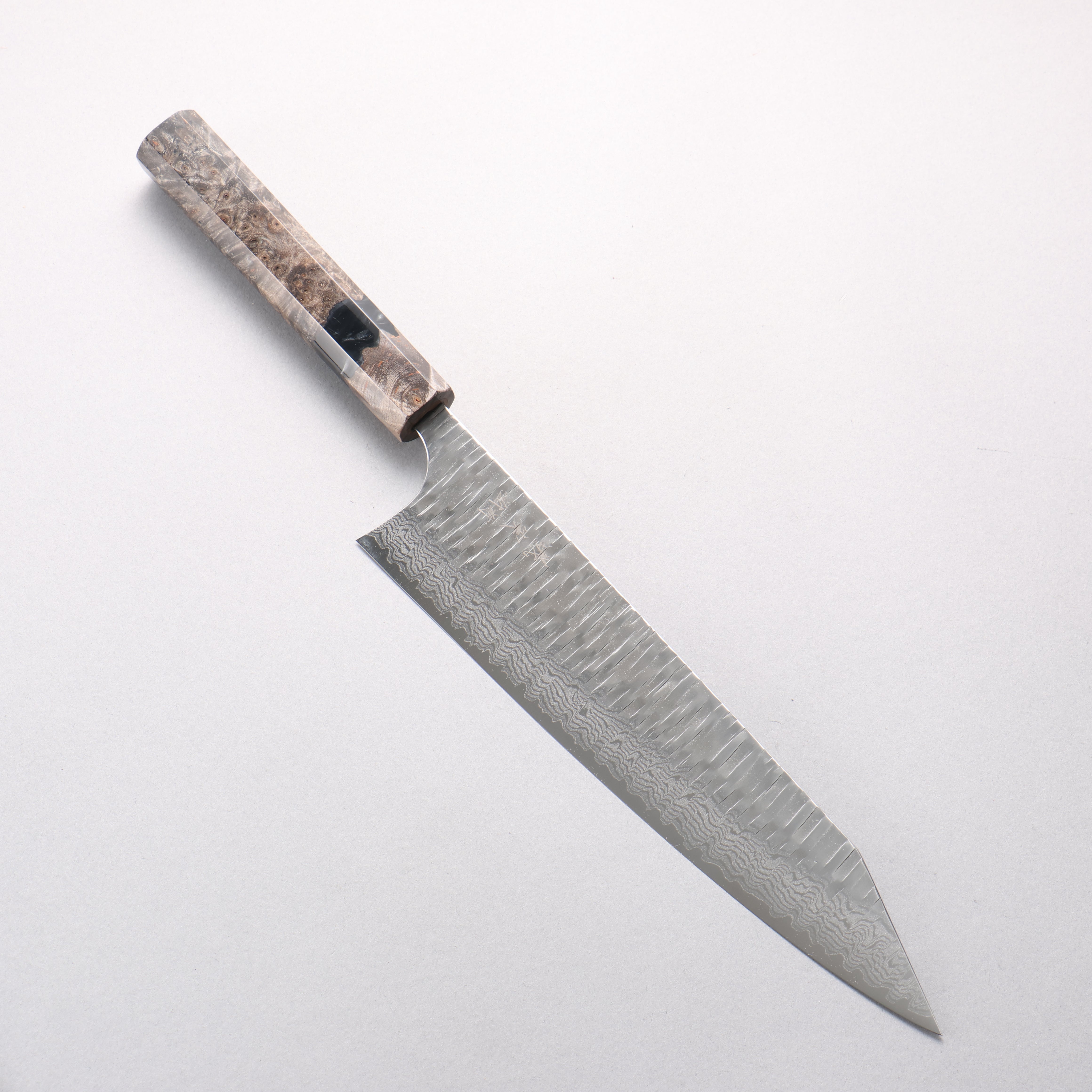 Yoshimi Kato Kasuri VG-XEOS Hammered Damascus Kiritsuke Gyuto 240mm Stabilized Birch & Black Resin Handle - Seisuke Knife