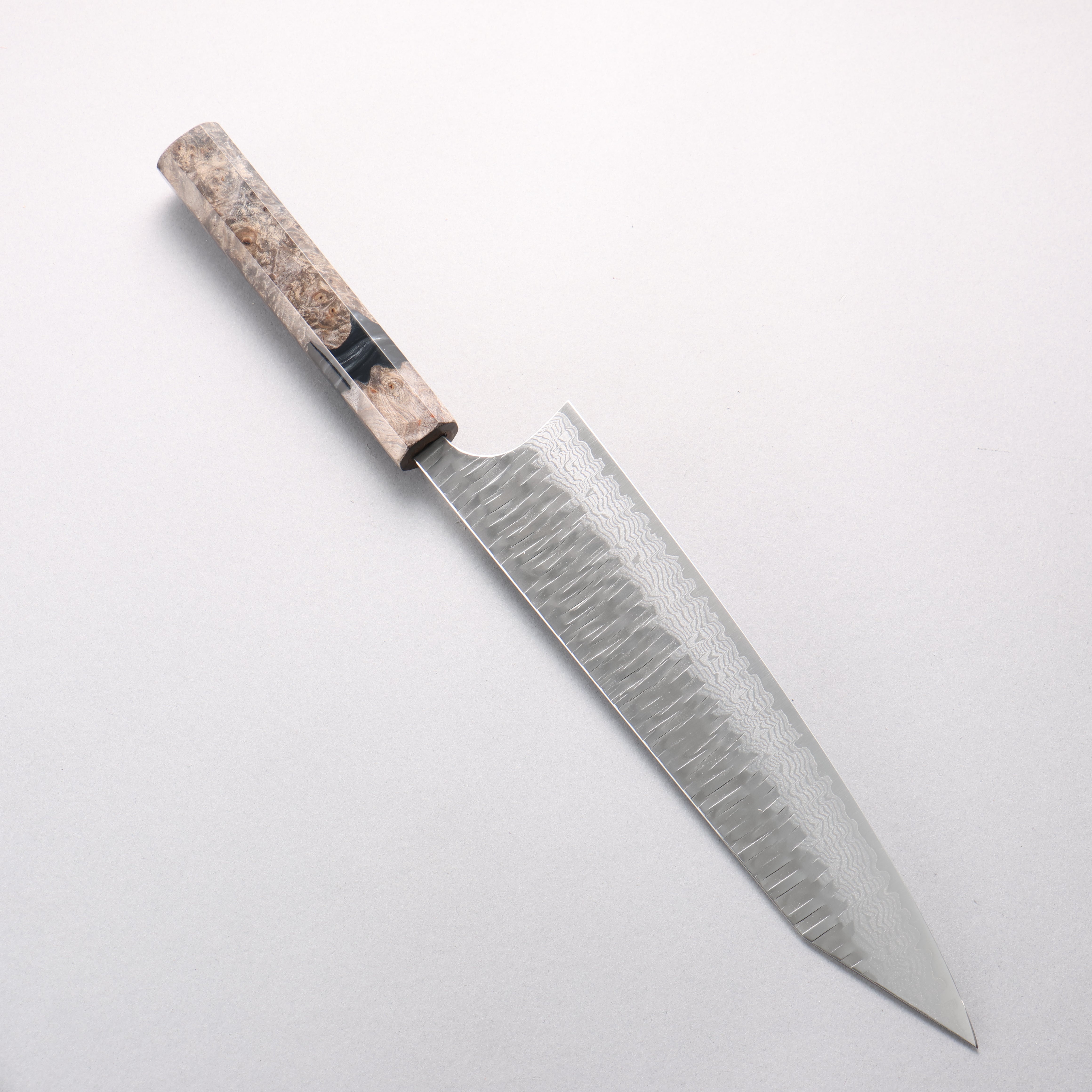 Yoshimi Kato Kasuri VG-XEOS Hammered Damascus Kiritsuke Gyuto 240mm Stabilized Birch & Black Resin Handle - Seisuke Knife