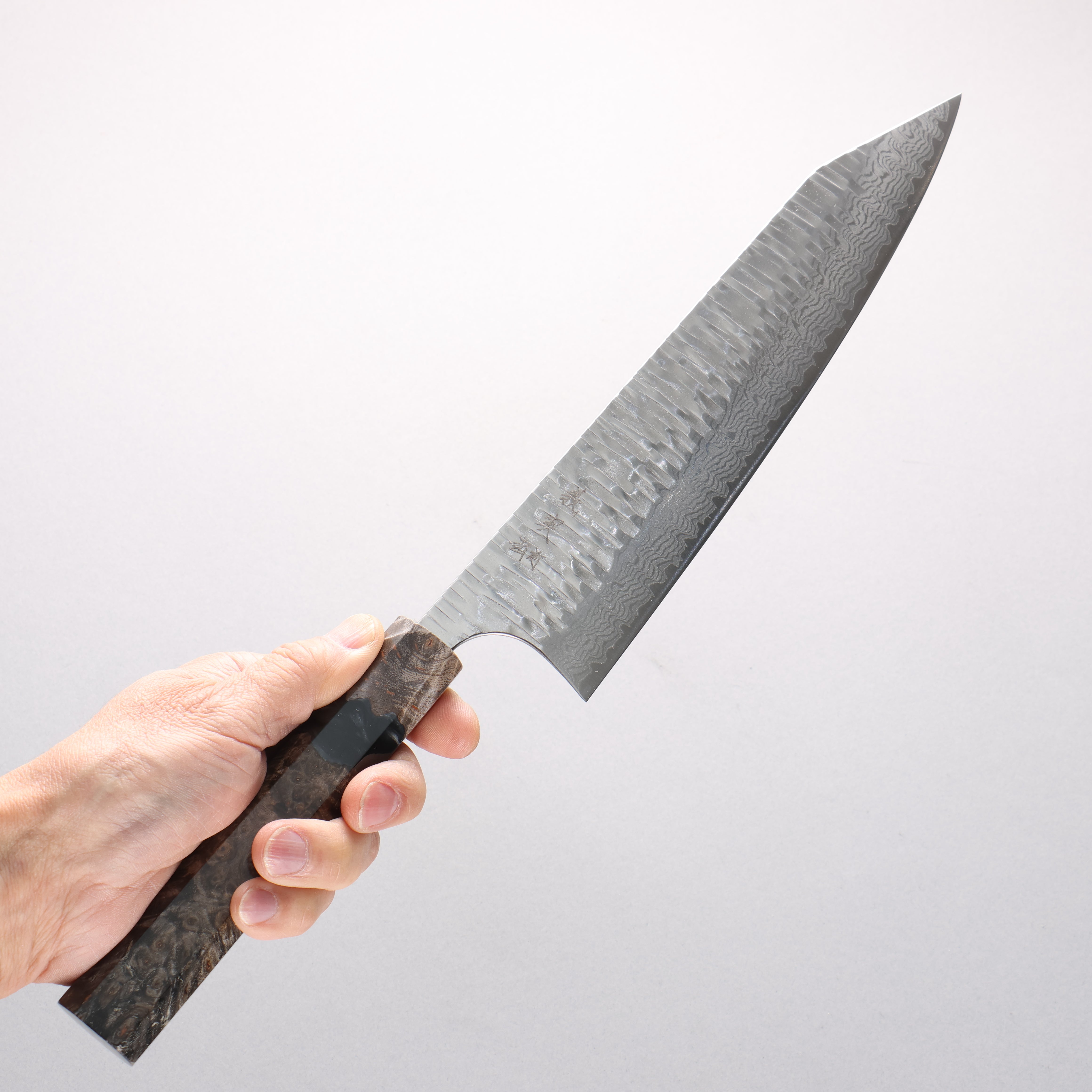 Yoshimi Kato Kasuri VG-XEOS Hammered Damascus Kiritsuke Gyuto 240mm Stabilized Birch & Black Resin Handle - Seisuke Knife