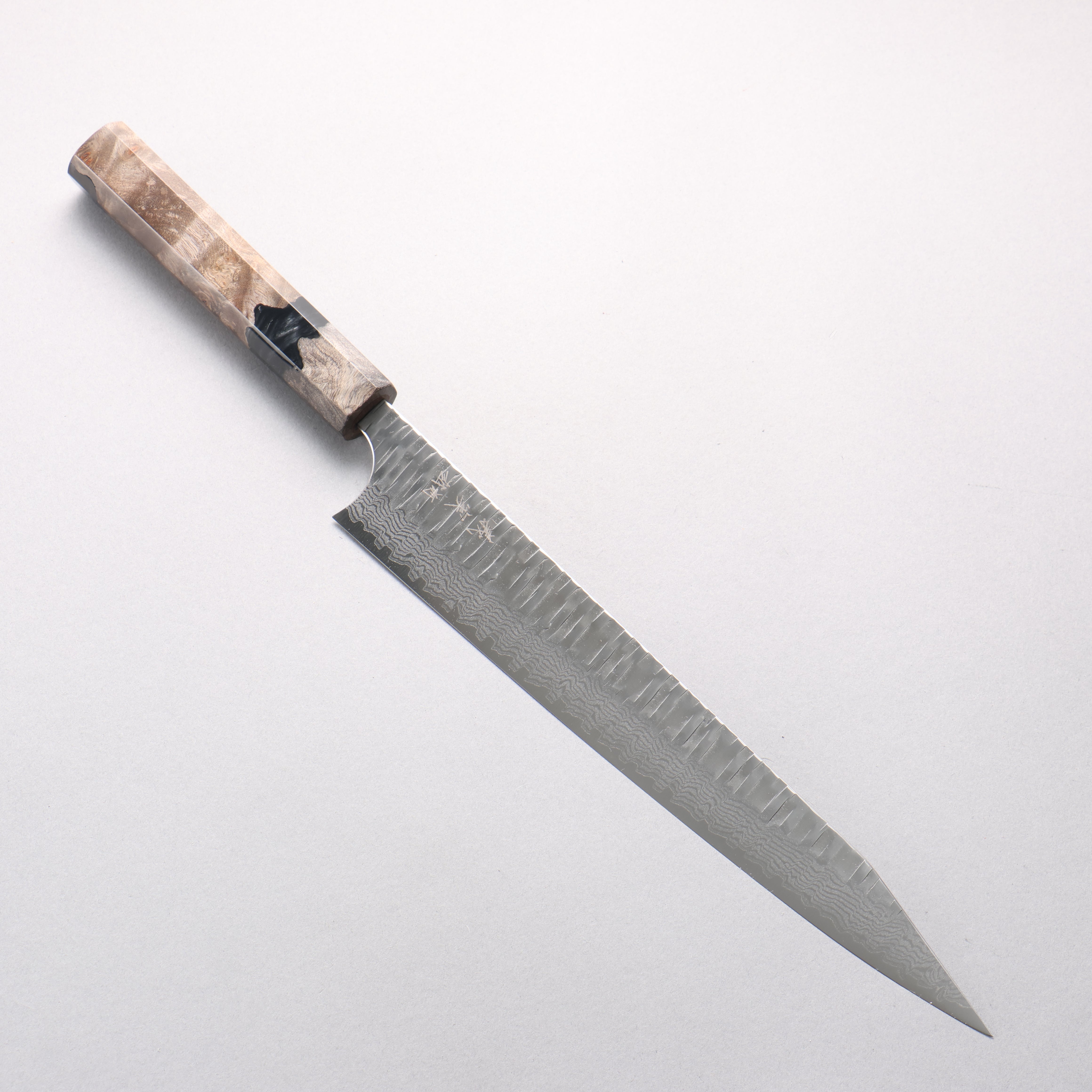 Yoshimi Kato Kasuri VG-XEOS Hammered Damascus Kiritsuke Sujihiki 270mm Stabilized Birch & Black Resin Handle - Seisuke Knife