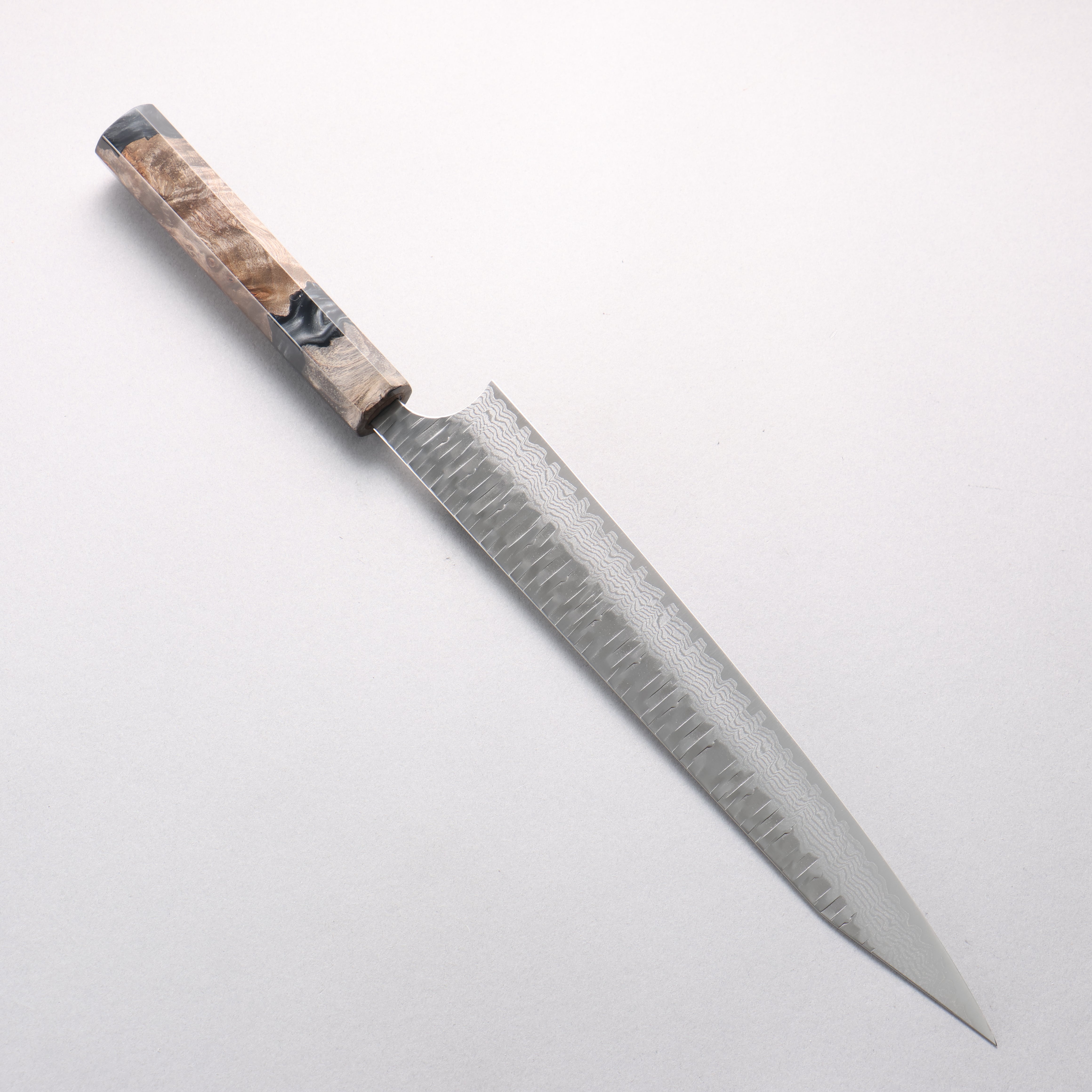 Yoshimi Kato Kasuri VG-XEOS Hammered Damascus Kiritsuke Sujihiki 270mm Stabilized Birch & Black Resin Handle - Seisuke Knife
