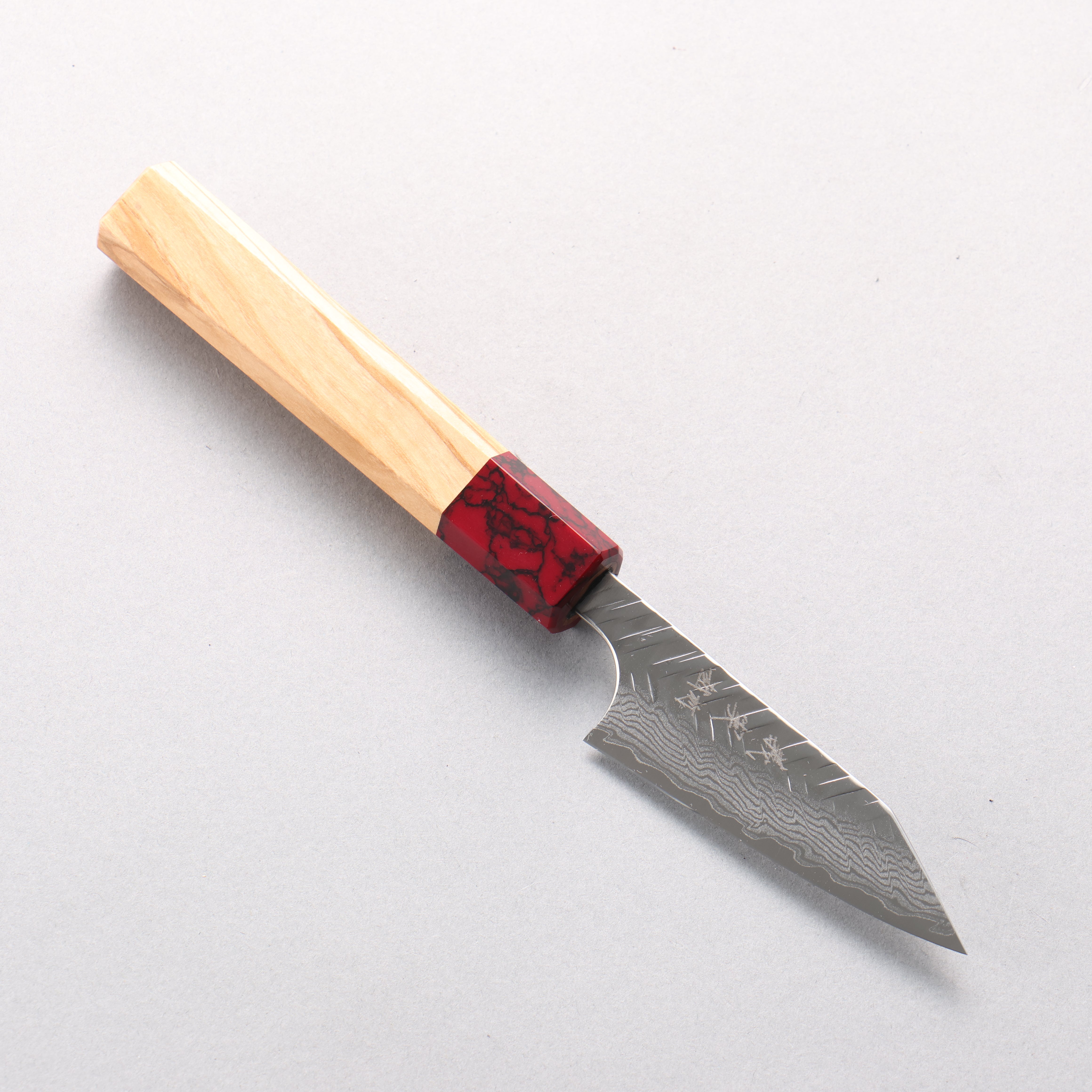 Yoshimi Kato VG-XEOS Damascus V-Hammered Kiritsuke Paring 75mm Olive Wood & Red Turquoise Handle - Seisuke Knife