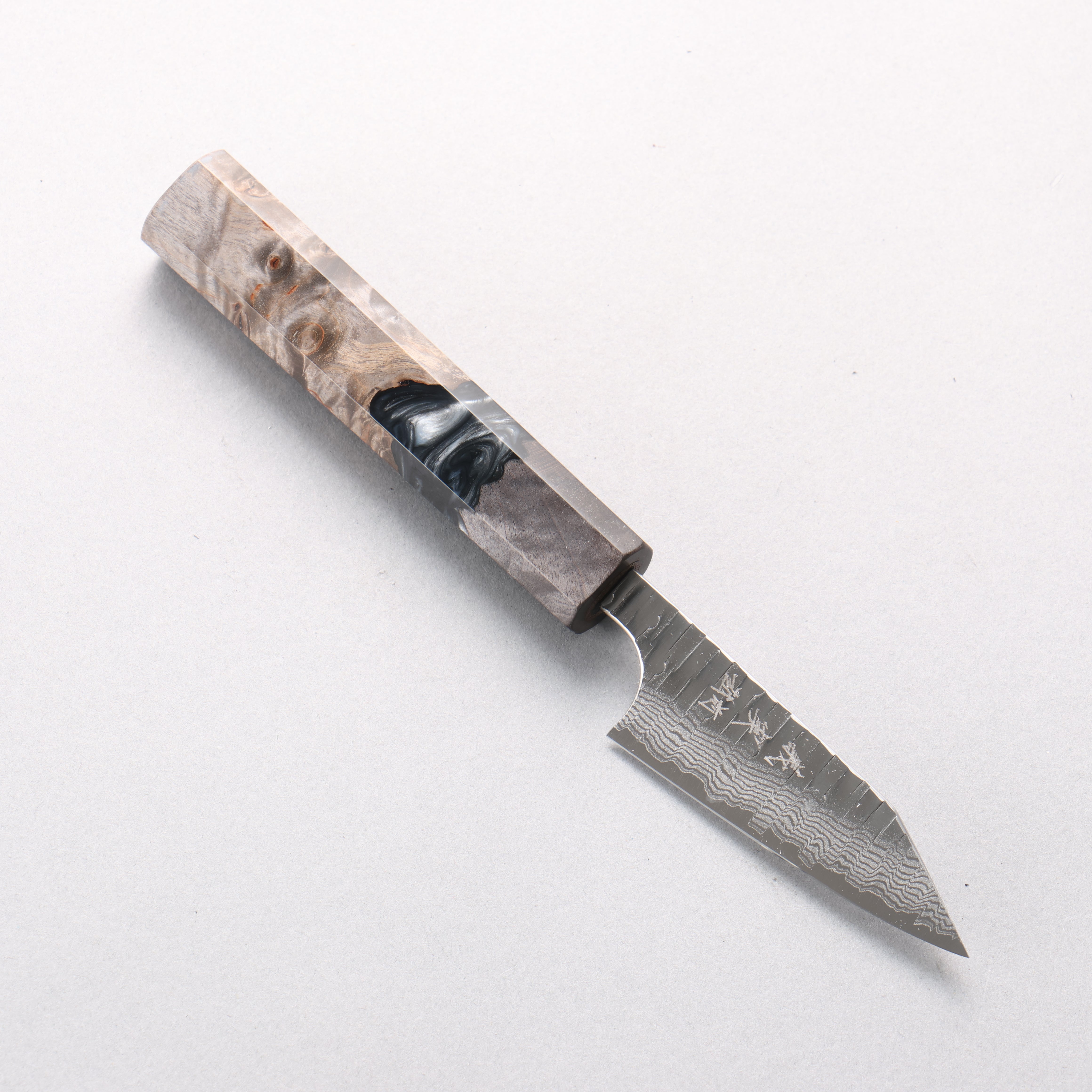 Yoshimi Kato Kasuri VG-XEOS Hammered Damascus Kiritsuke Paring 75mm Stabilized Birch & Black Resin Handle - Seisuke Knife