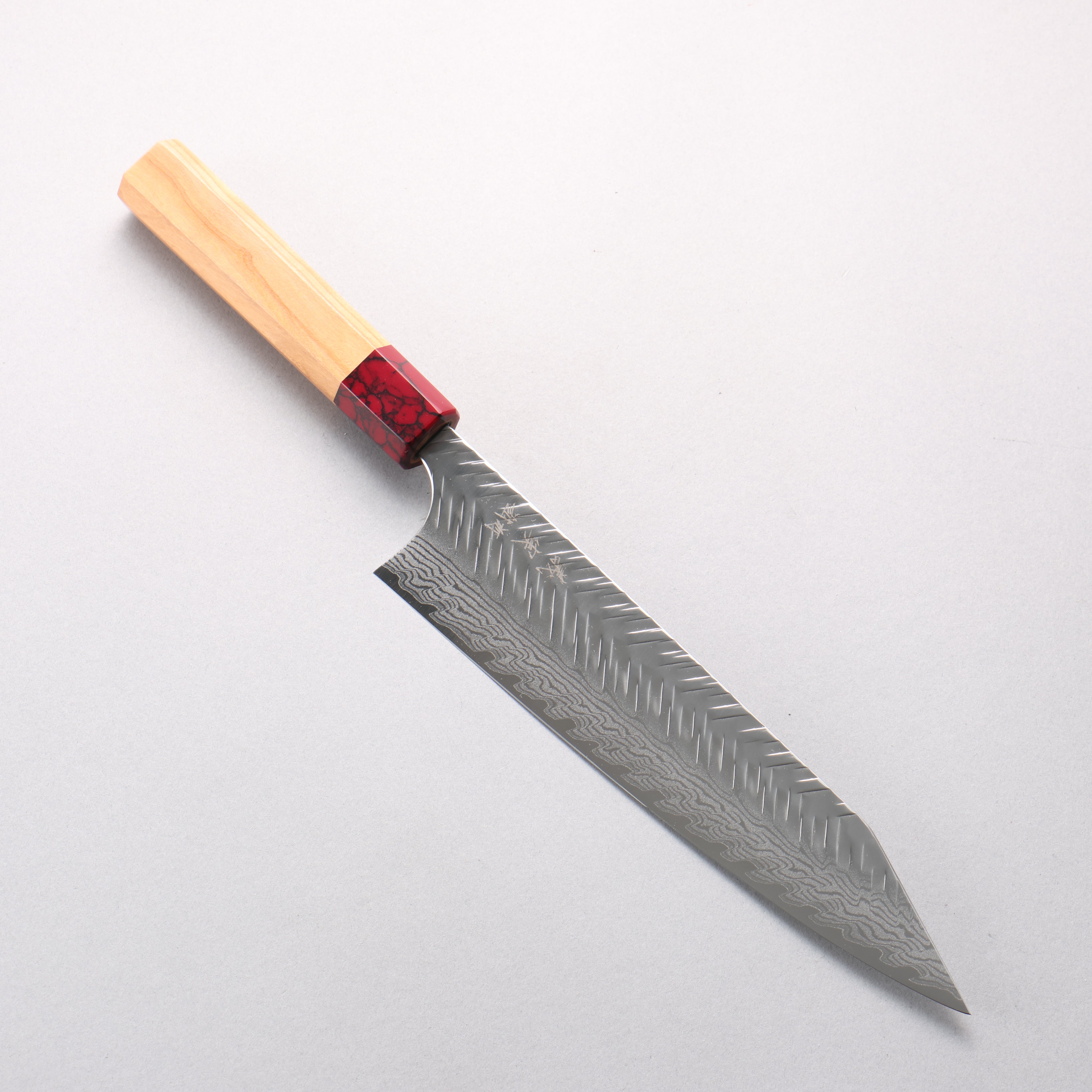 Yoshimi Kato VG-XEOS Damascus V-Hammered Kiritsuke Gyuto 210mm Olive Wood & Red Turquoise Handle - Seisuke Knife