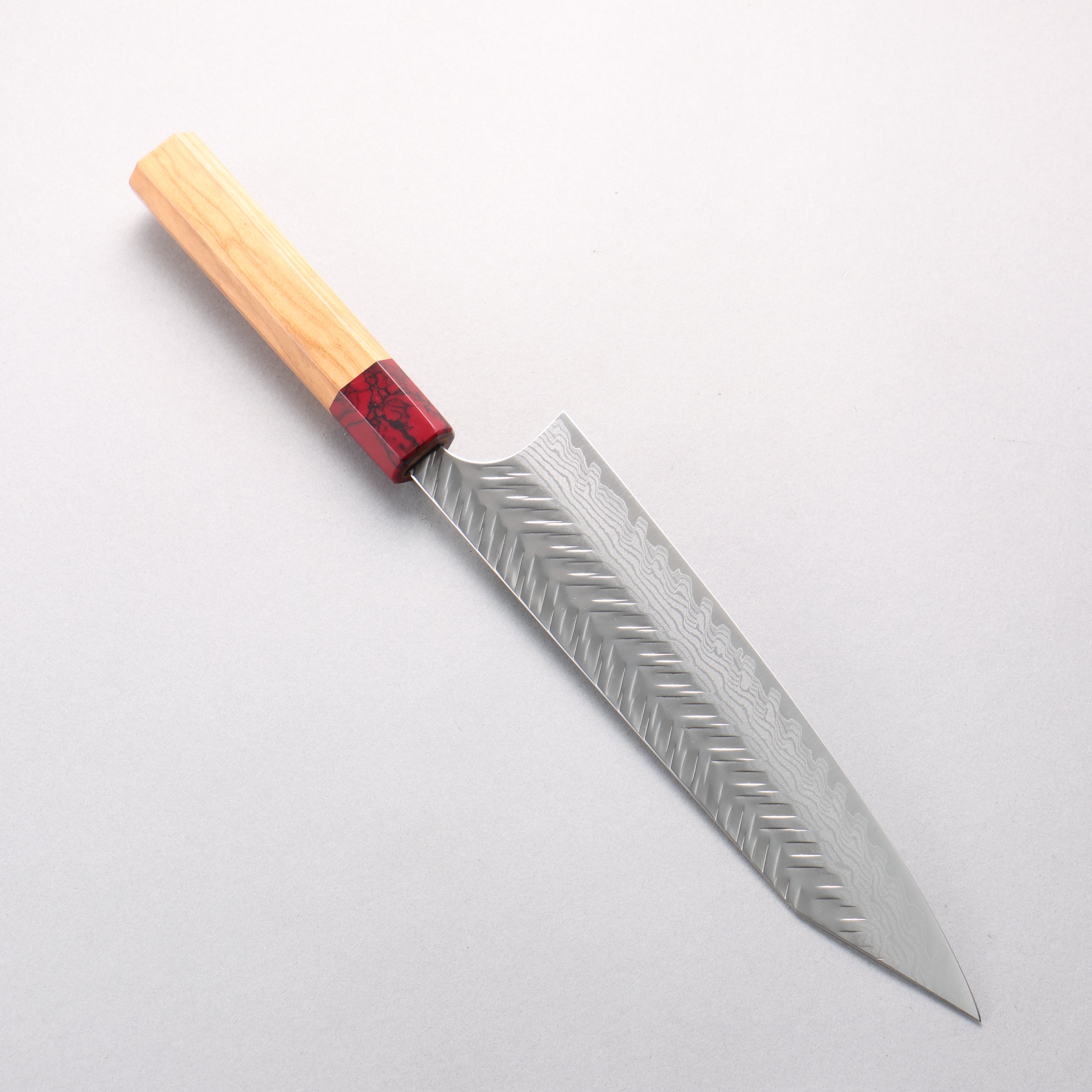 Yoshimi Kato VG-XEOS Damascus V-Hammered Kiritsuke Gyuto 210mm Olive Wood & Red Turquoise Handle - Seisuke Knife
