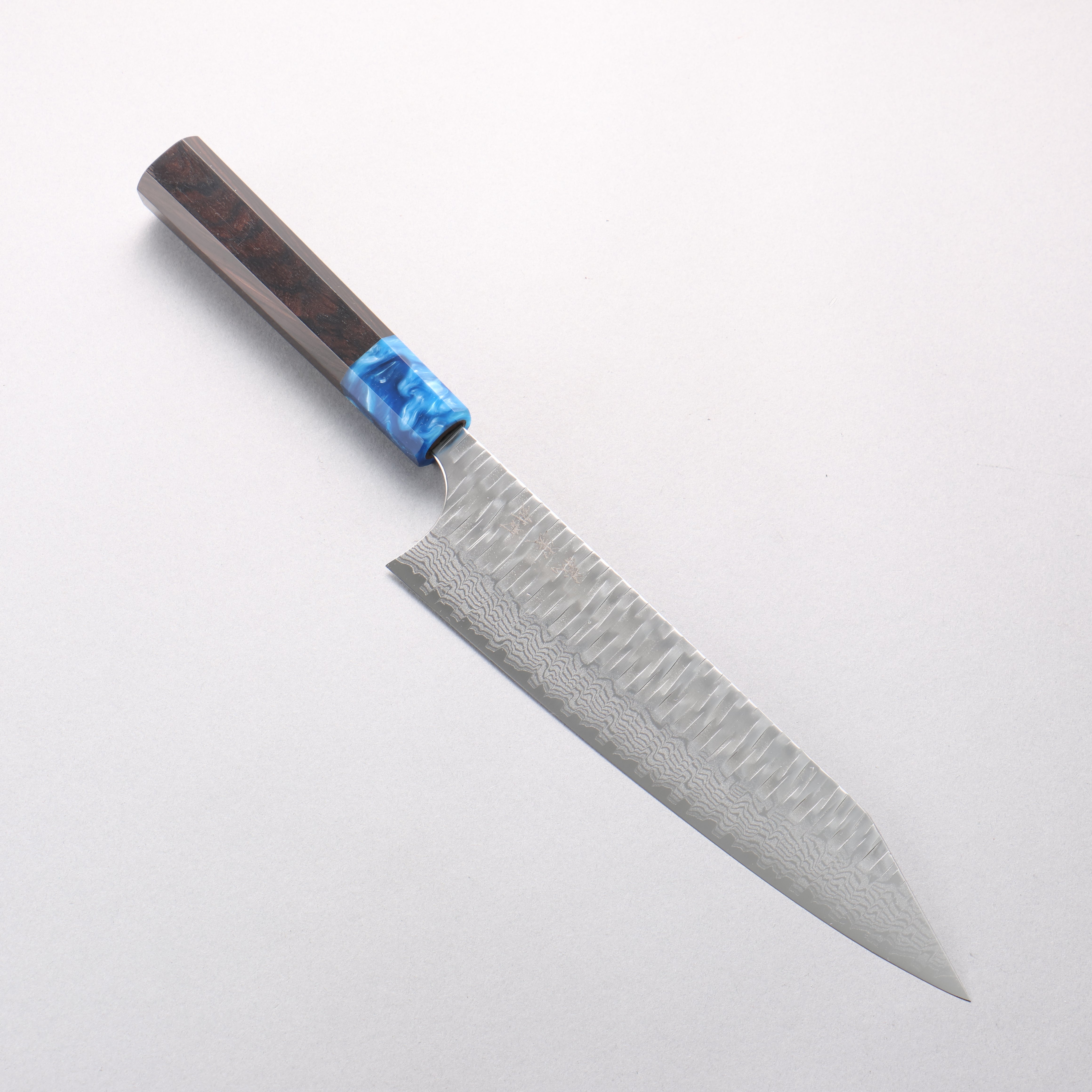 Yoshimi Kato Kasuri VG-XEOS Hammered Damascus Kiritsuke Gyuto 210mm Ebony Wood & Blue Marble Resin Handle - Seisuke Knife