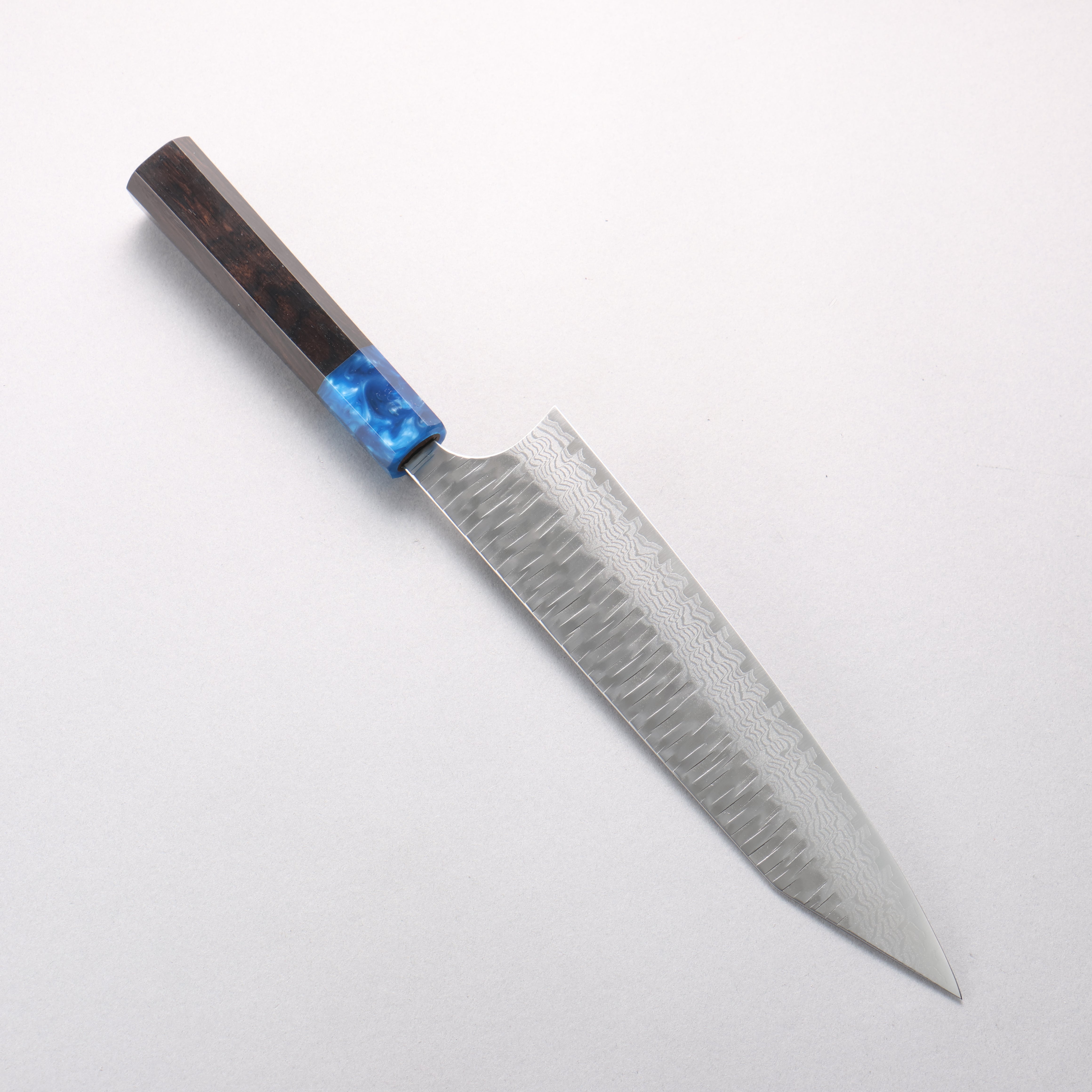 Yoshimi Kato Kasuri VG-XEOS Hammered Damascus Kiritsuke Gyuto 210mm Ebony Wood & Blue Marble Resin Handle - Seisuke Knife