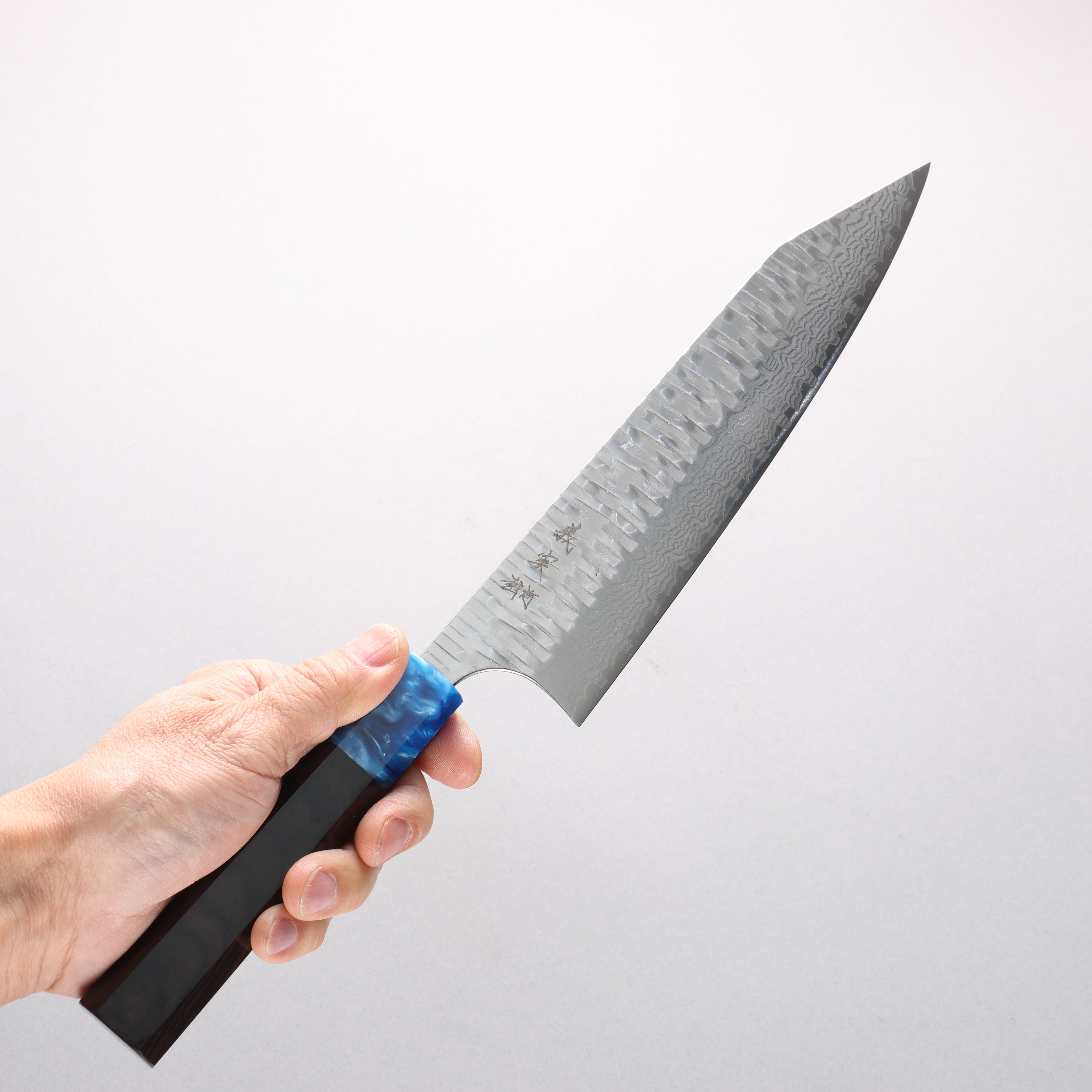Yoshimi Kato Kasuri VG-XEOS Hammered Damascus Kiritsuke Gyuto 210mm Ebony Wood & Blue Marble Resin Handle - Seisuke Knife
