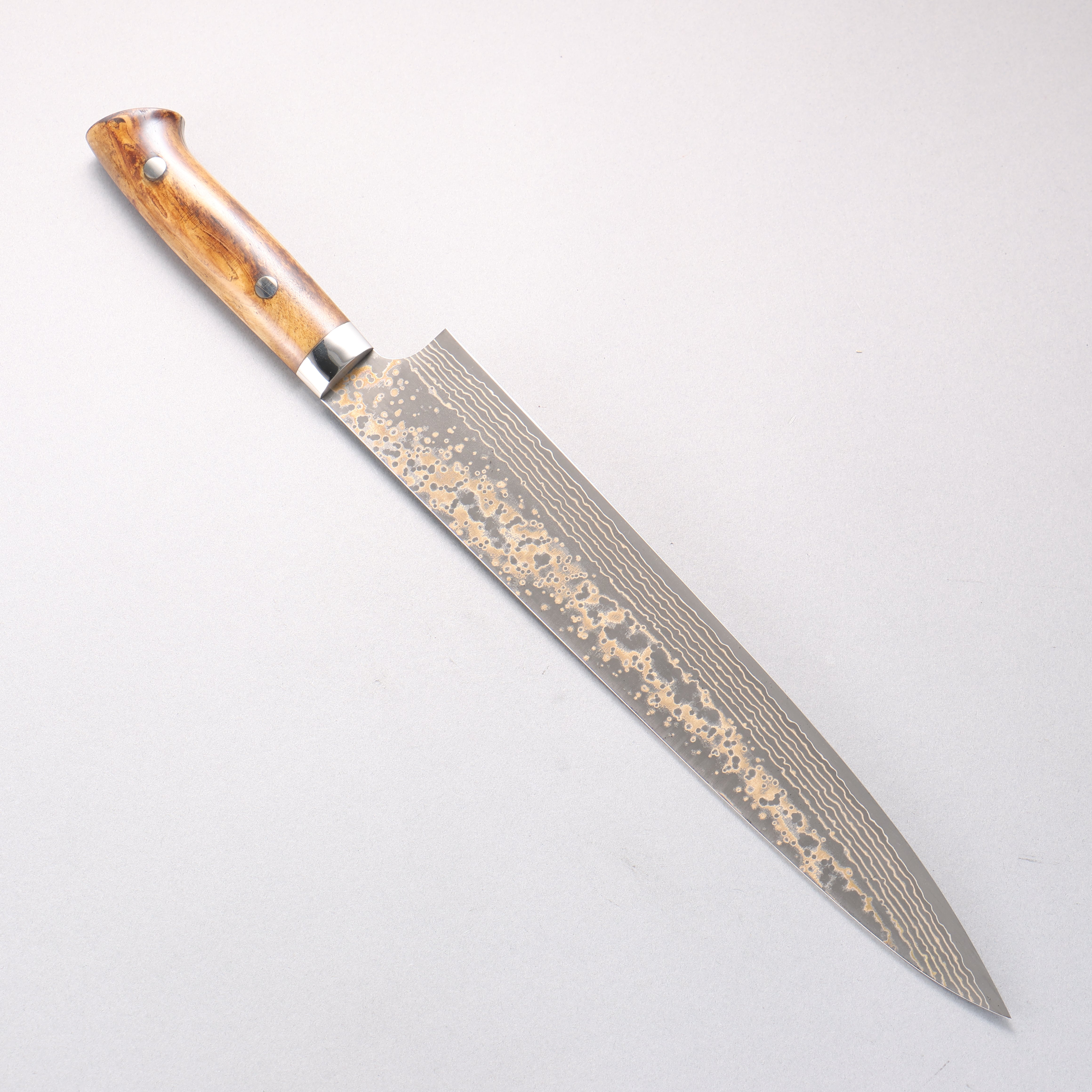 Takeshi Saji VG10w Damascus Gold Colored Sujihiki 270mm Brown Cow Bone Handle - Seisuke Knife