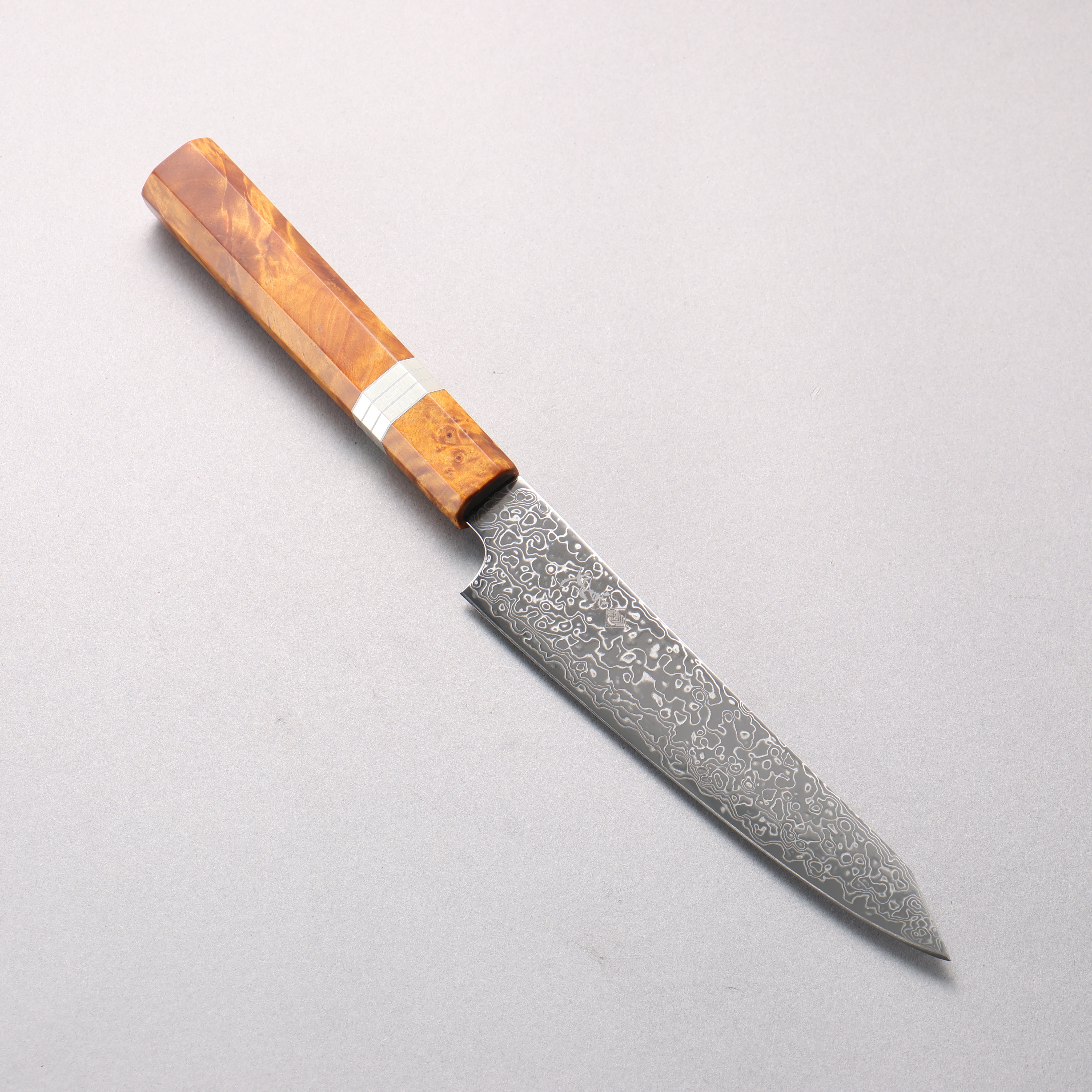 Kanjyo SG2 Damascus Migaki Finished Kiritsuke Petty-Utility 150mm Brown Stabilized Wood (Silver Rings) Handle - Seisuke Knife