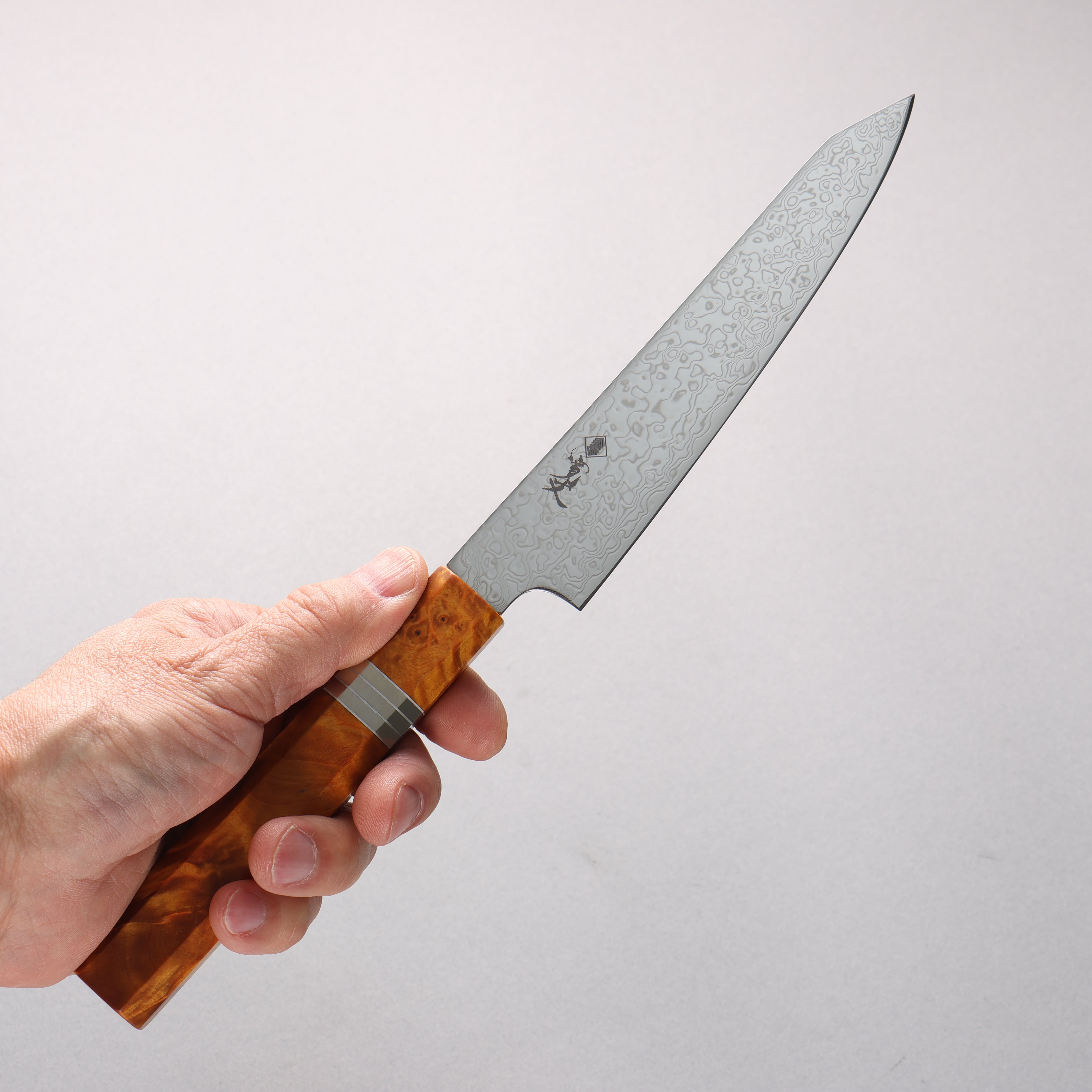 Kanjyo SG2 Damascus Migaki Finished Kiritsuke Petty-Utility 150mm Brown Stabilized Wood (Silver Rings) Handle - Seisuke Knife