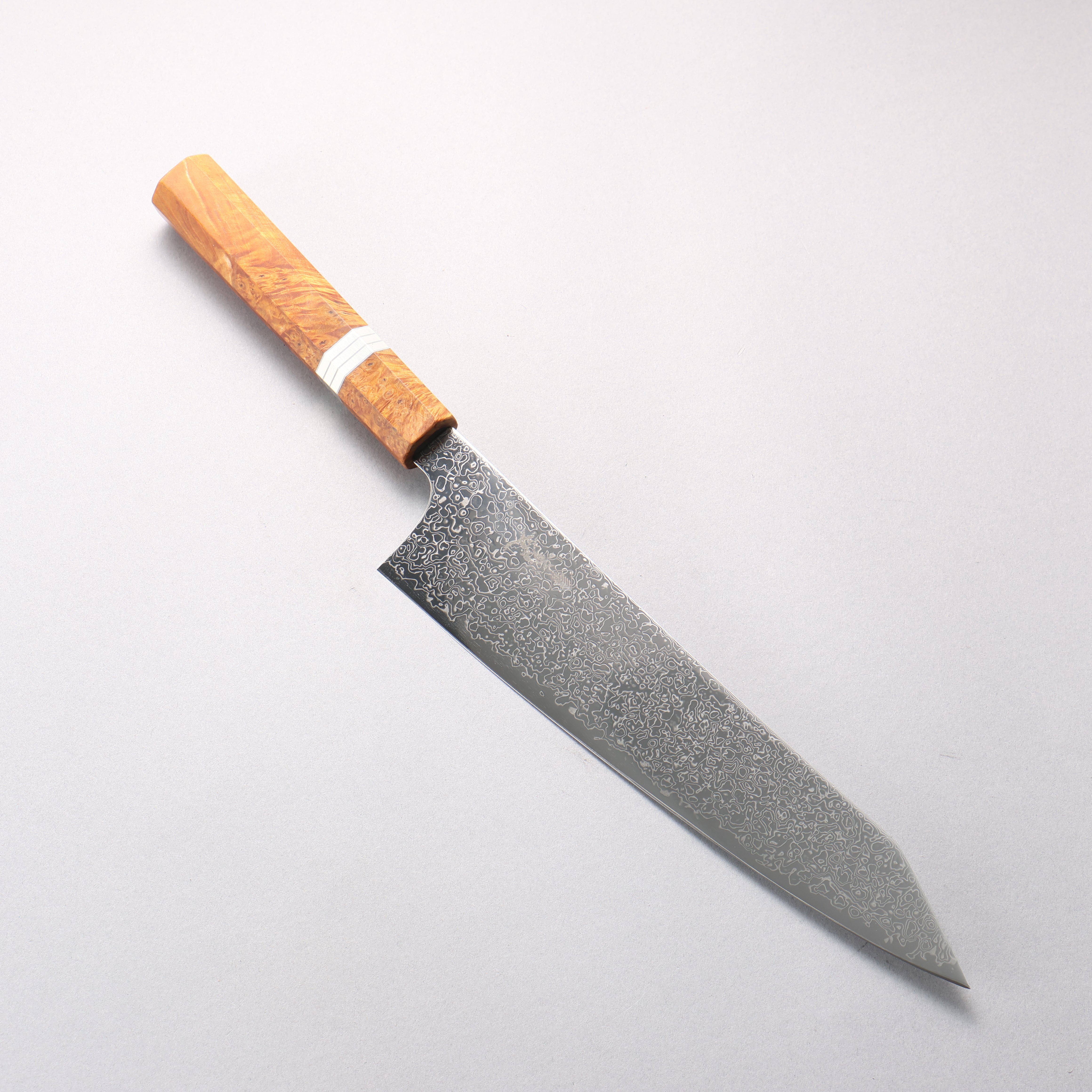 Kanjyo SG2 Damascus Migaki Finished Kiritsuke Gyuto 240mm Brown Stabilized Wood (Silver Rings) Handle - Seisuke Knife
